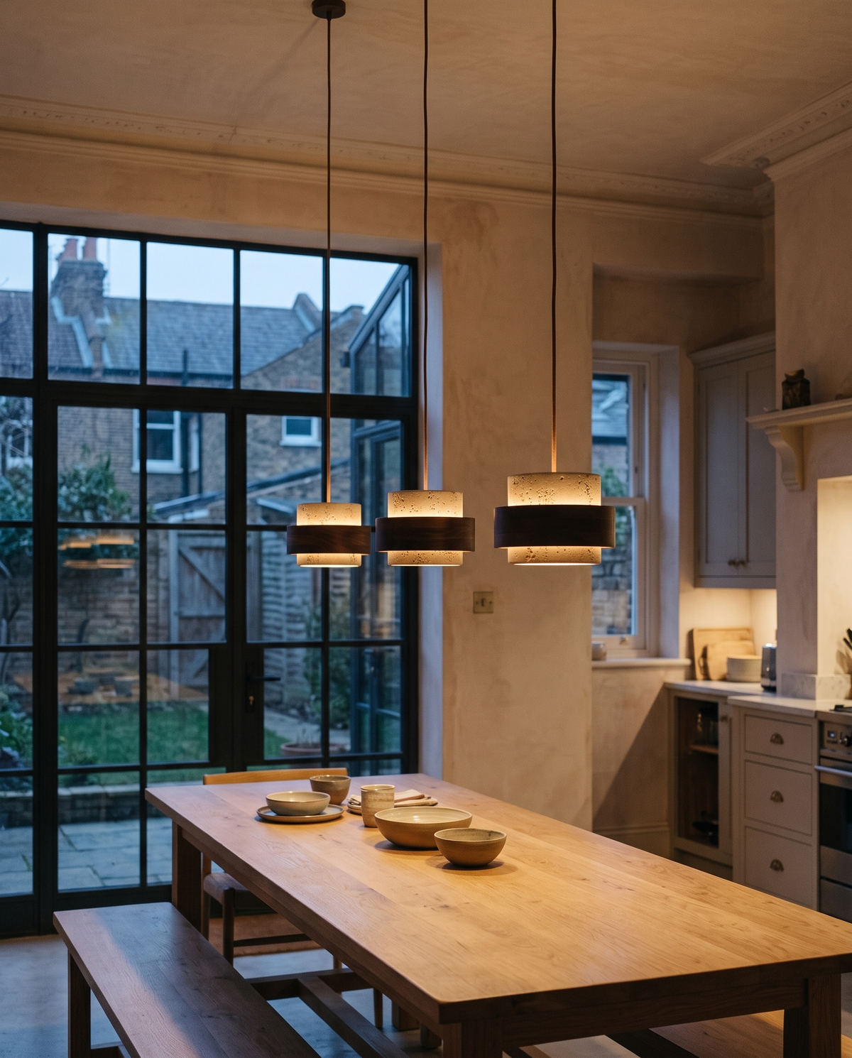 Three Bobbins over an oak table in a Victorian kitchen extension