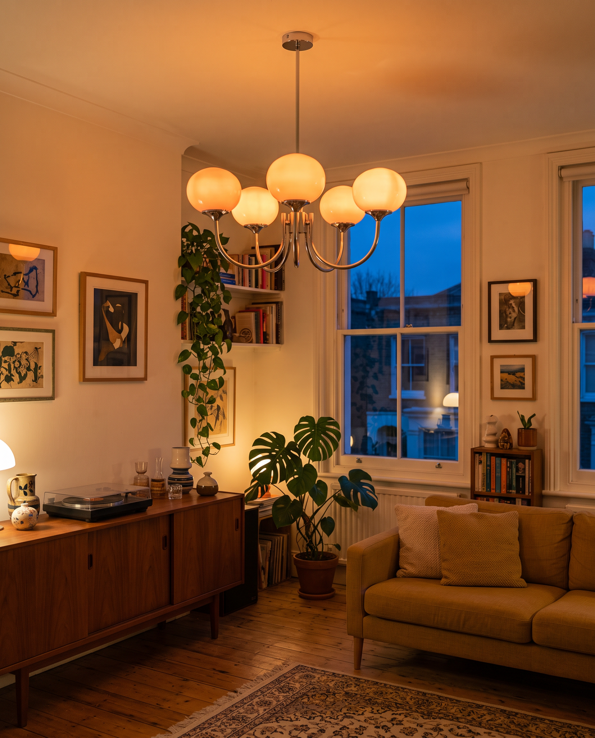The Bonbon lit in a mid-century London living room at dusk