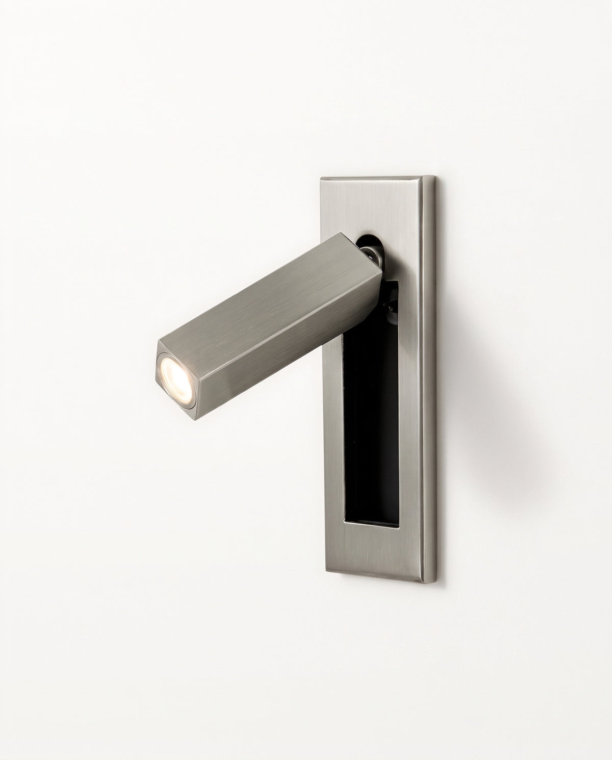 The Bookmark Wall Light in Satin Nickel with a square arm