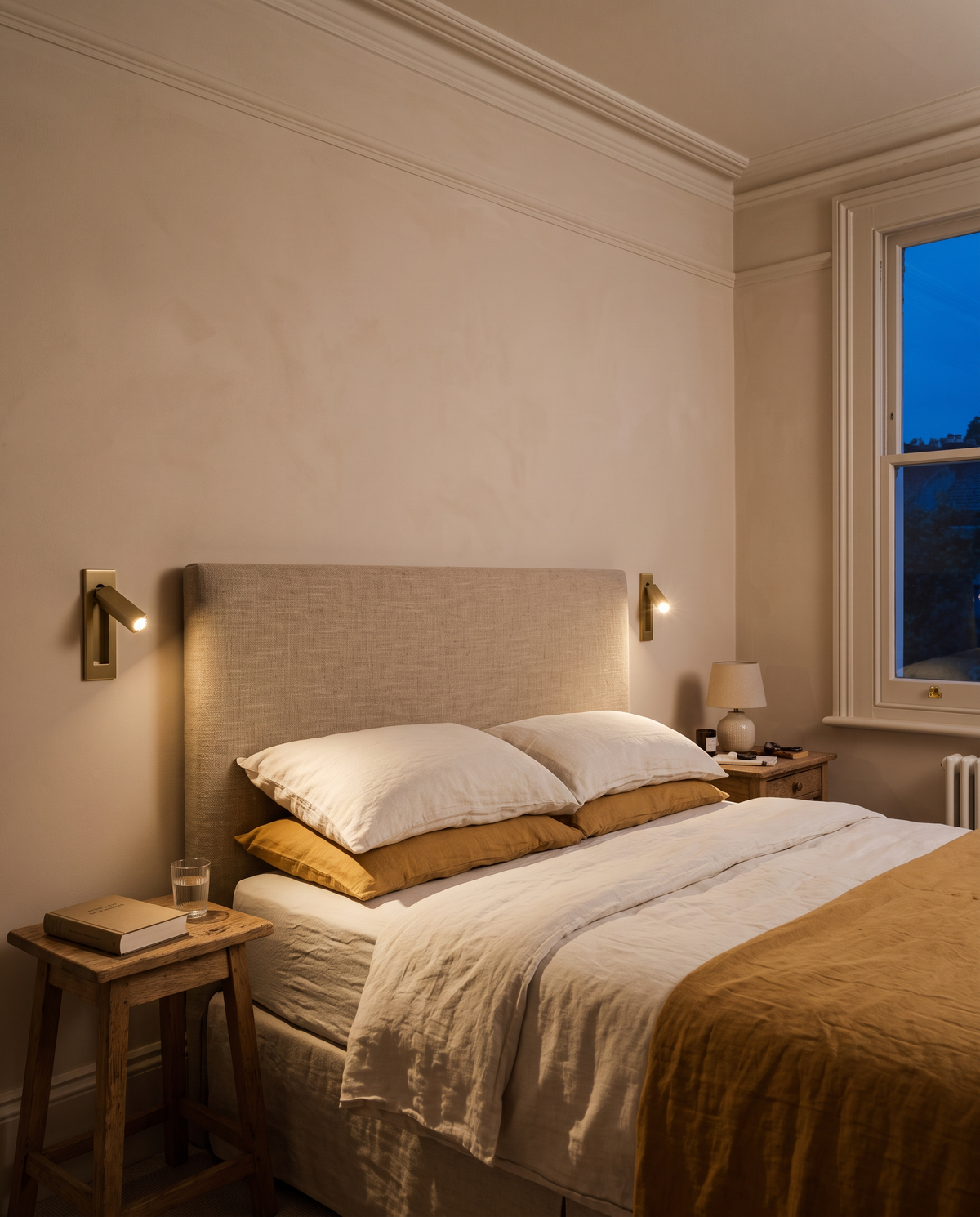 A pair of Bookmark reading lights set into the wall either side of a bed in a Victorian terrace