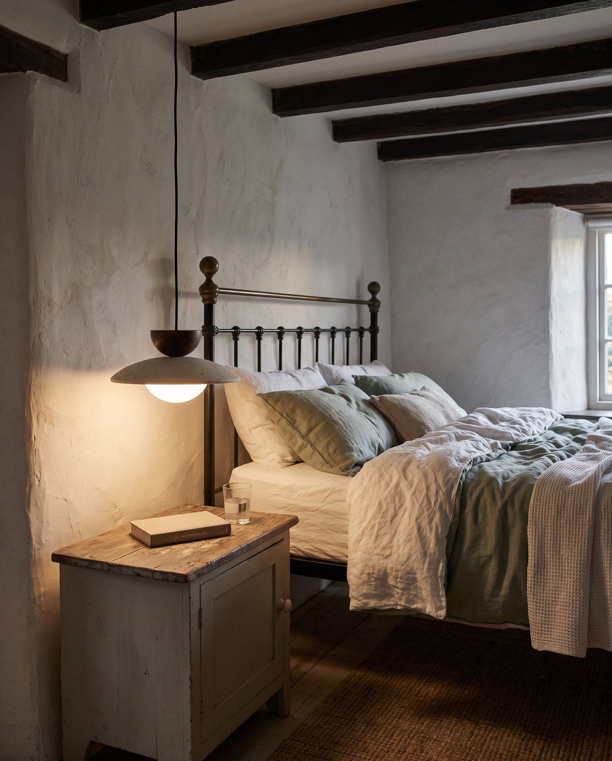 The Brim hung low beside an iron bed in a cottage bedroom
