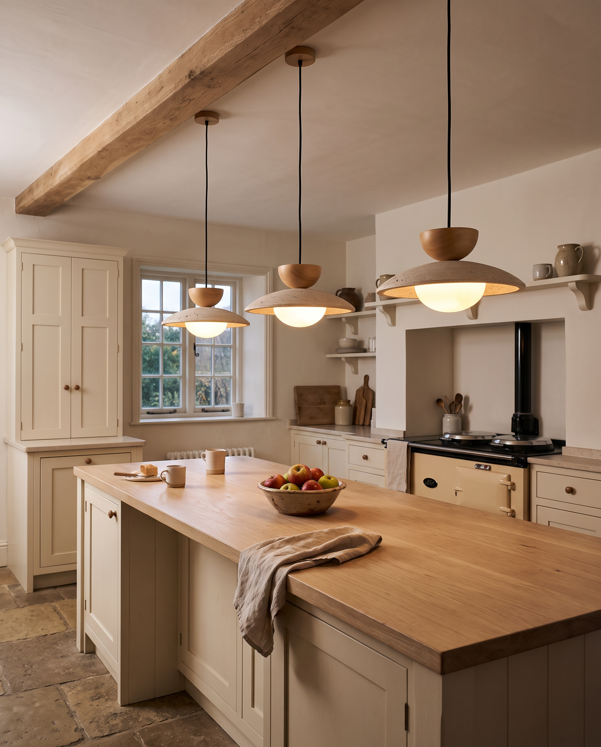 Three Brims in Honey over a farmhouse kitchen island