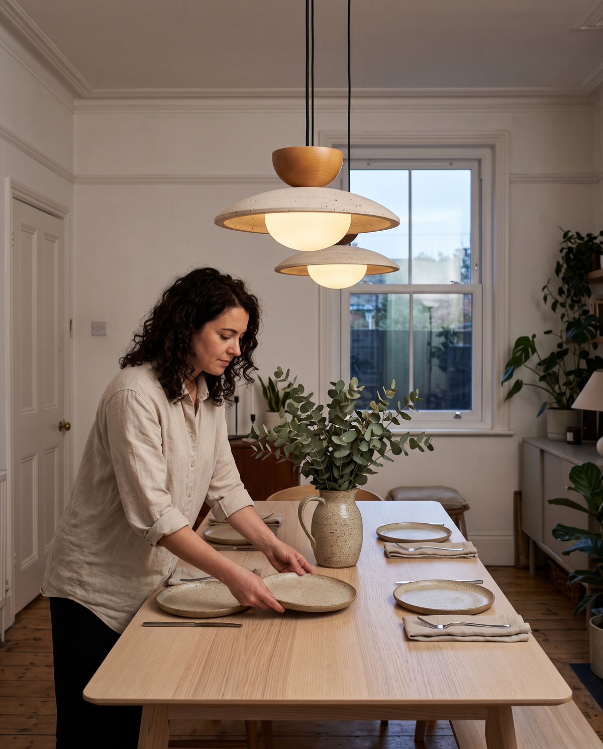 A woman laying the table under two Brims in Honey
