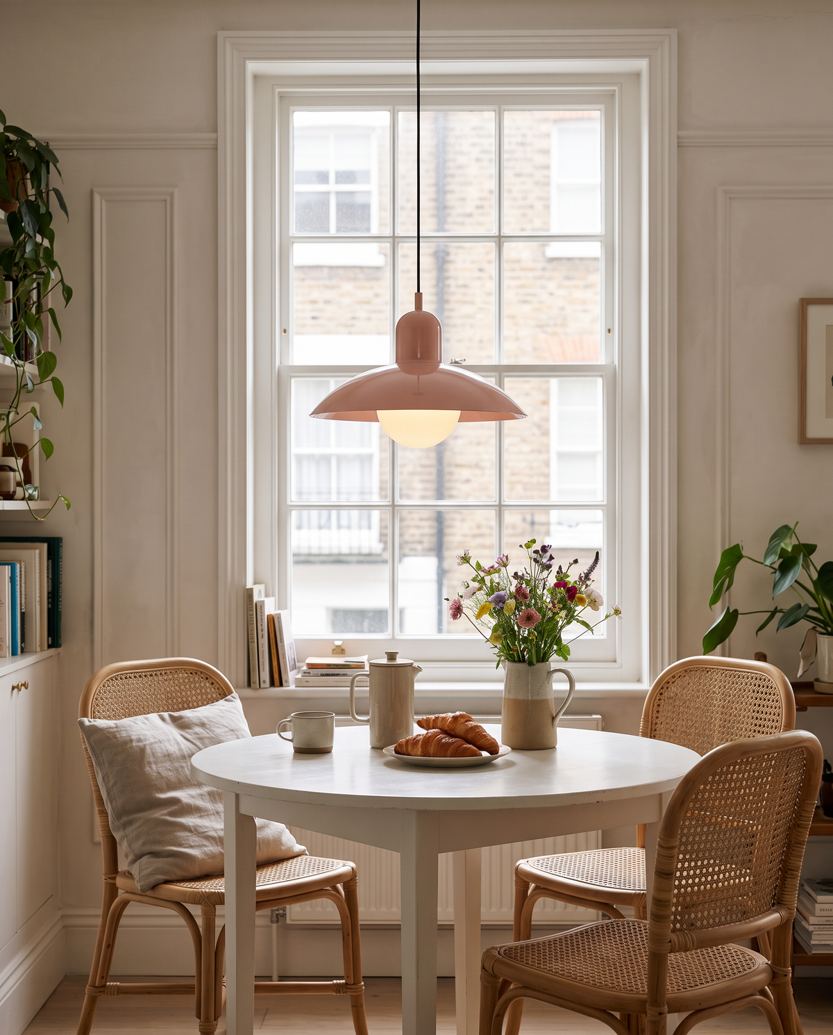 A Brolly pendant in Blush over a breakfast table