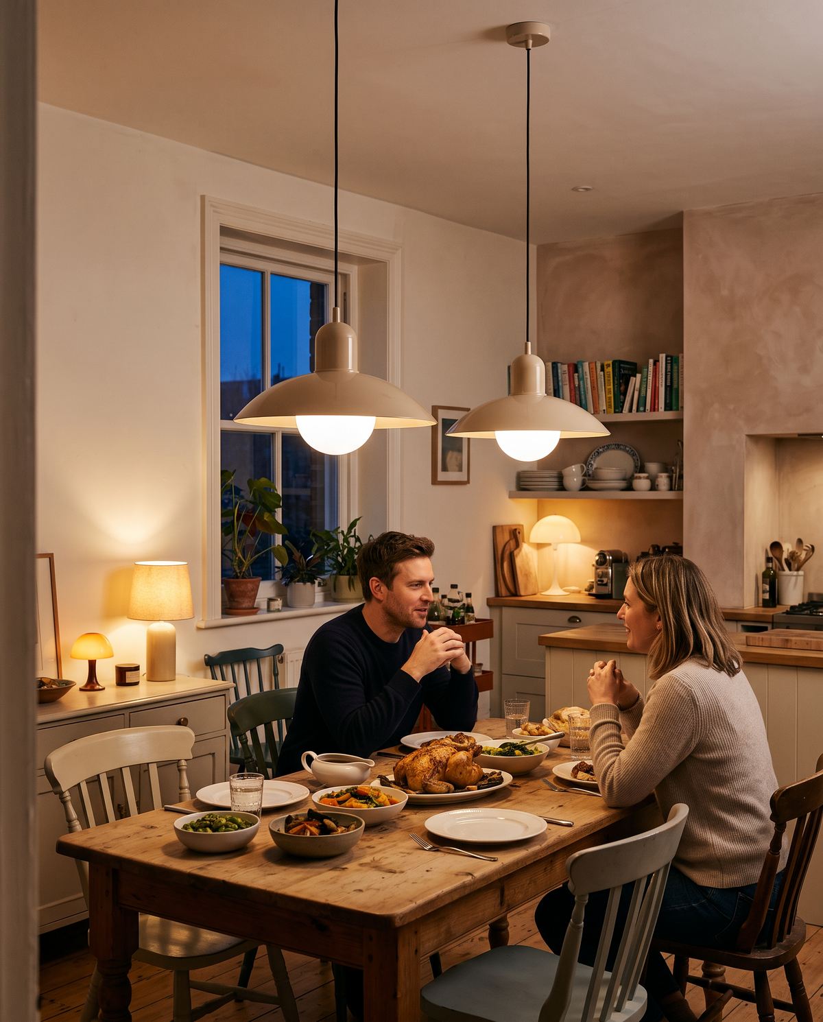 A couple sitting down to dinner under Brolly pendants in Sand