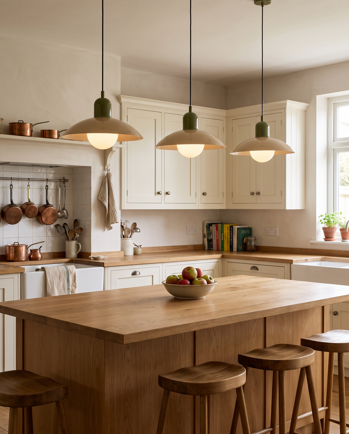 Three Brolly pendants in Sand & Olive over a kitchen island