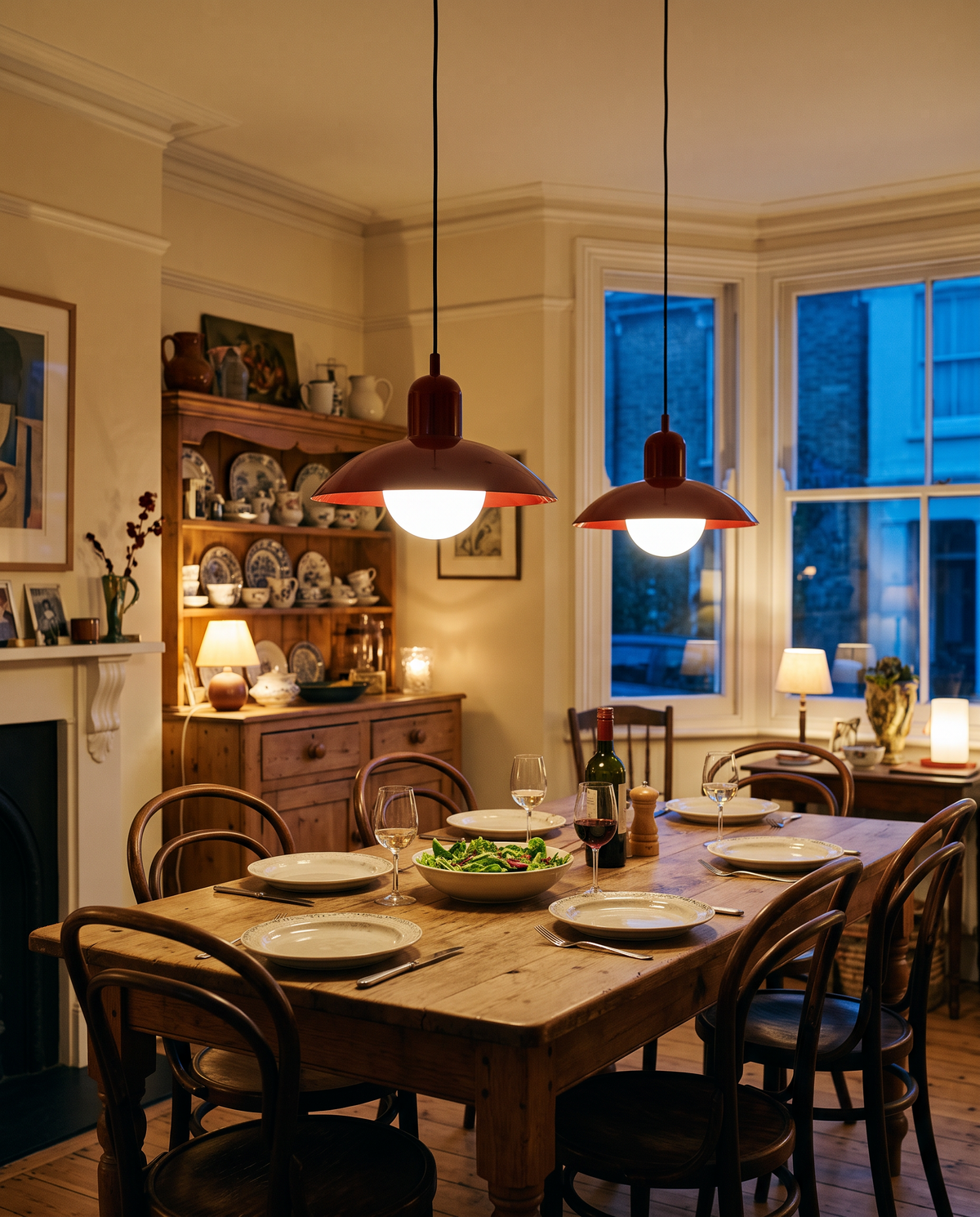 A pair of Brolly pendants in Oxblood over a supper table in a Victorian dining room