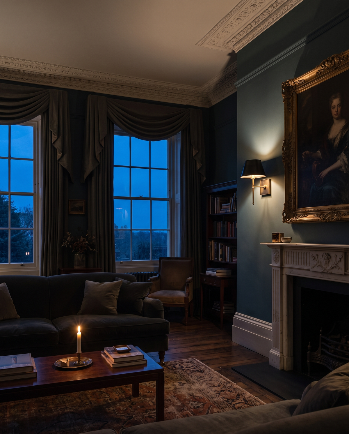 The Bureau lit beside the fireplace of a Georgian drawing room at dusk