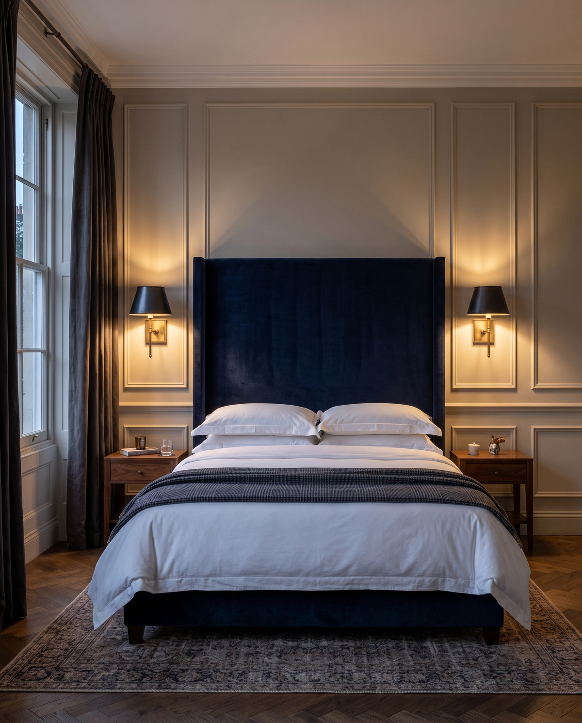 A pair of Bureau wall lights either side of a navy velvet headboard