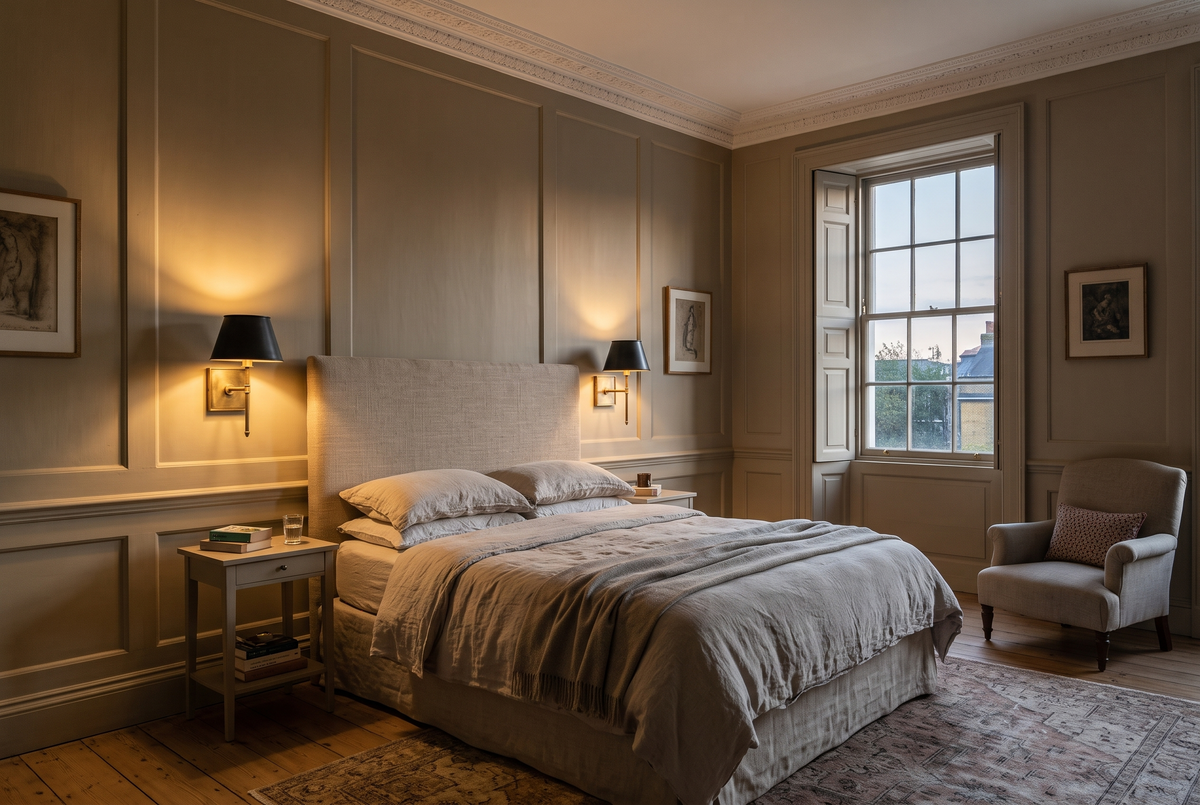 A pair of Bureau wall lights in a Georgian bedroom