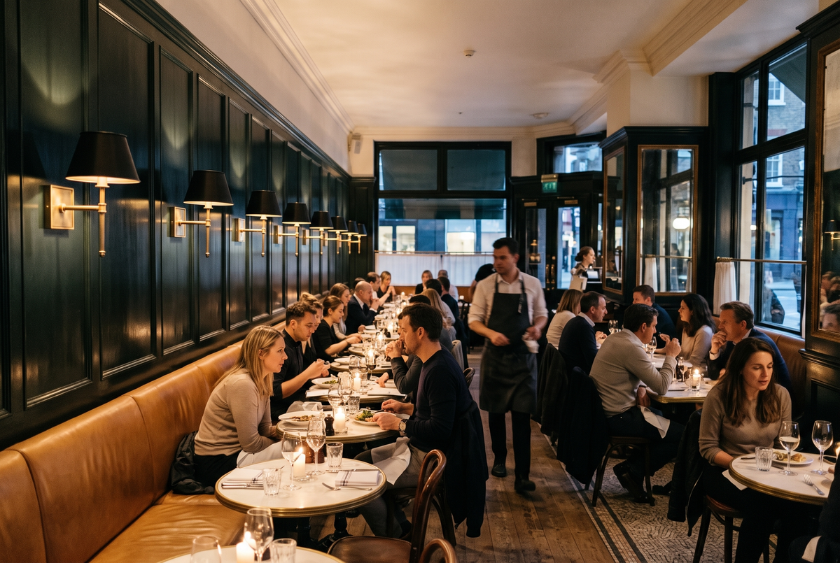Bureau wall lights along a brasserie banquette
