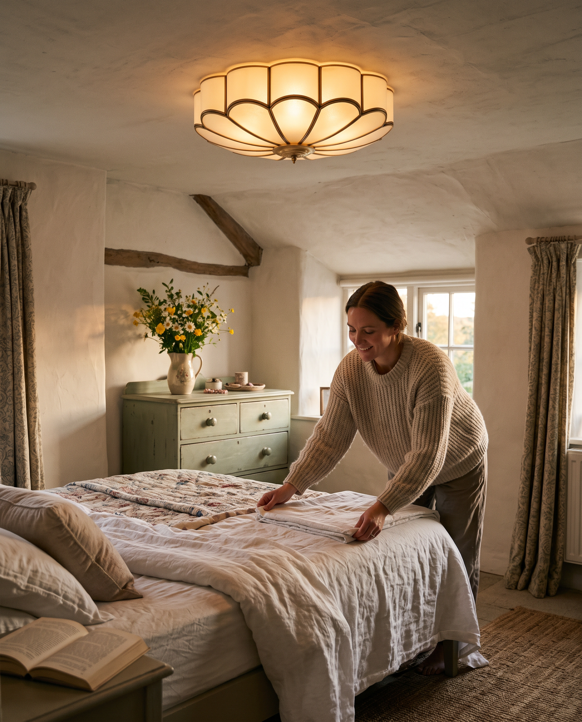A woman folding linen under The Camellia in a cottage bedroom