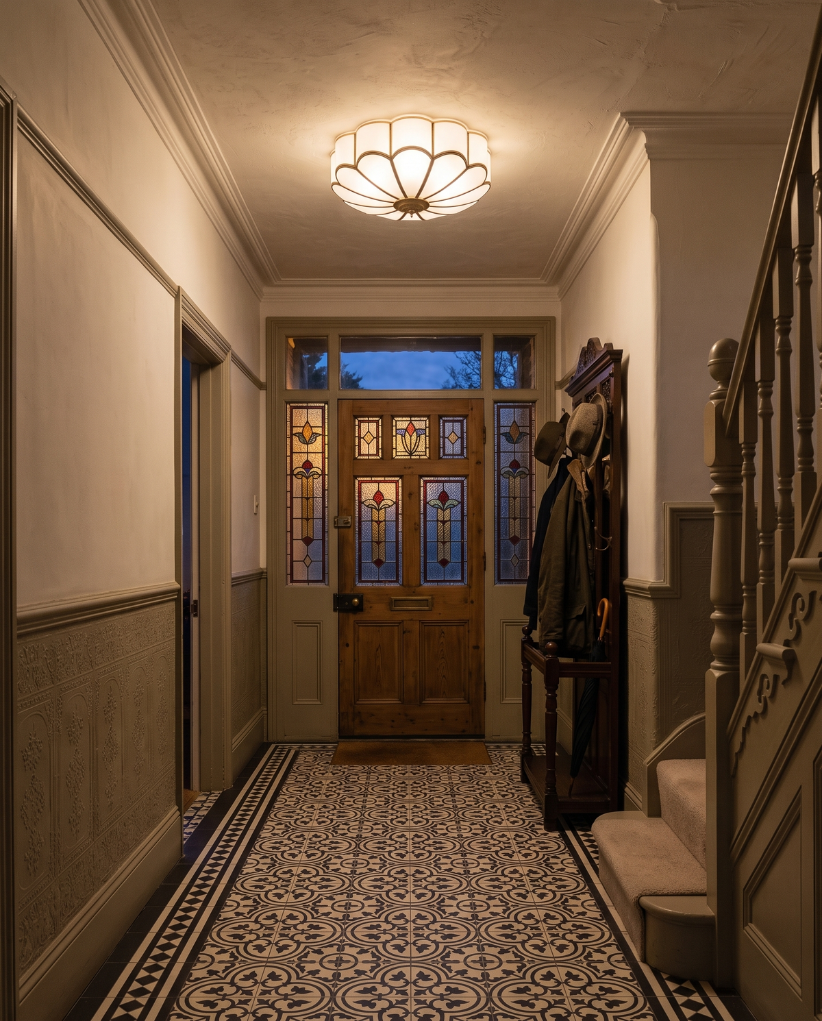 The Camellia 35 cm in an Edwardian tiled hallway