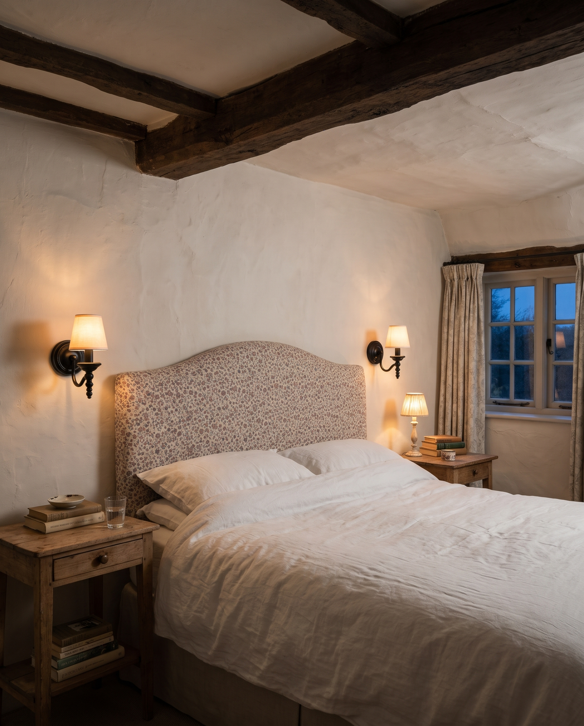 A pair of Candlewick sconces in Jet with shades either side of a cottage bed