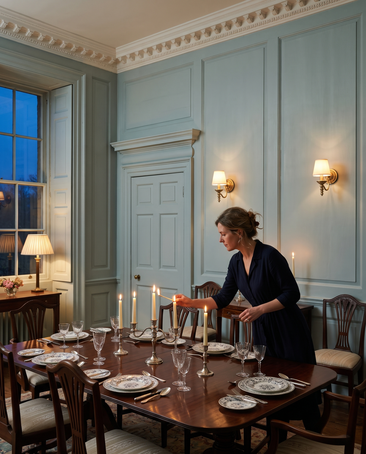 A woman lighting candles for dinner under Candlewick sconces in Aged Brass
