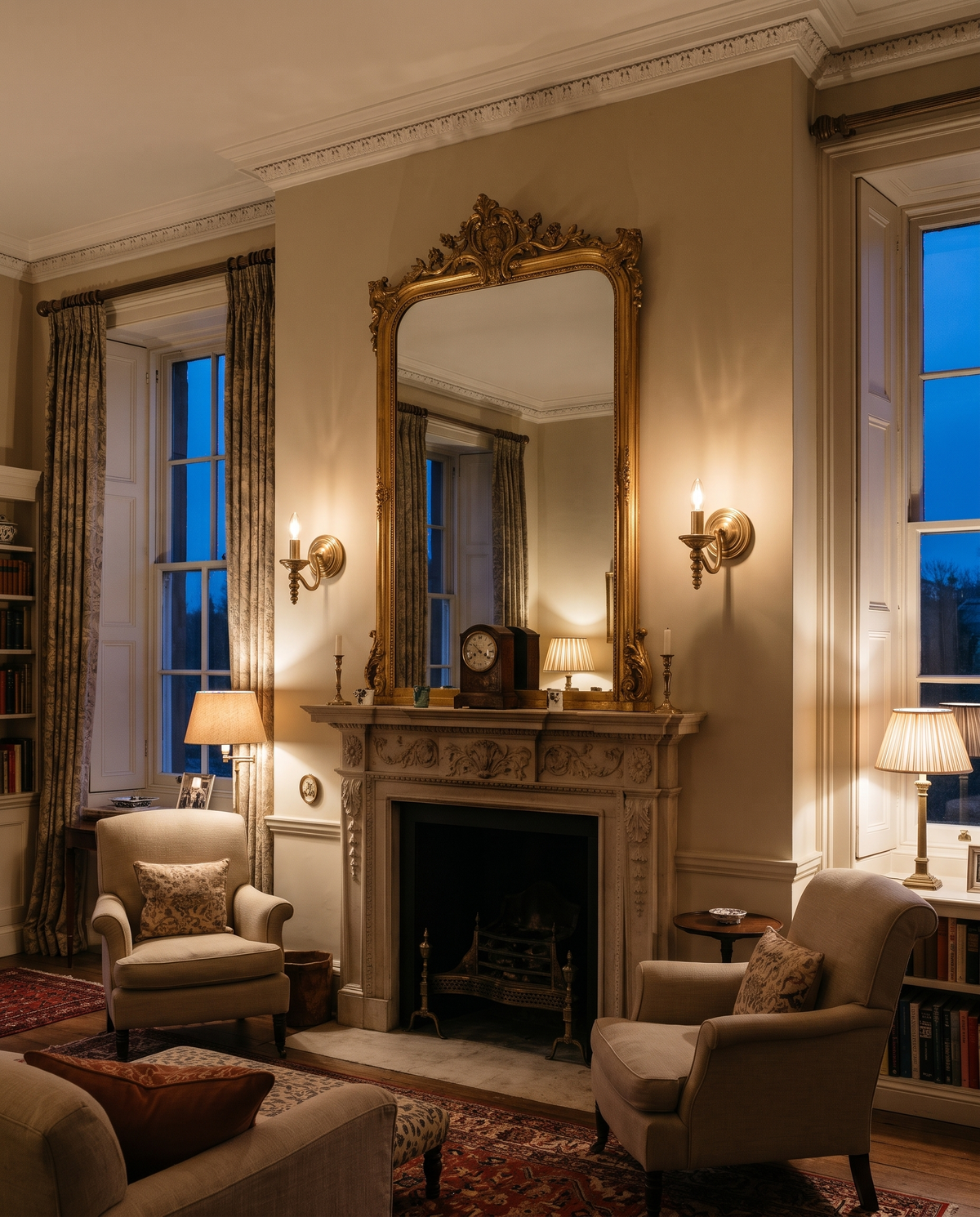 A pair of Candlewick sconces in Aged Brass either side of a Georgian overmantel mirror