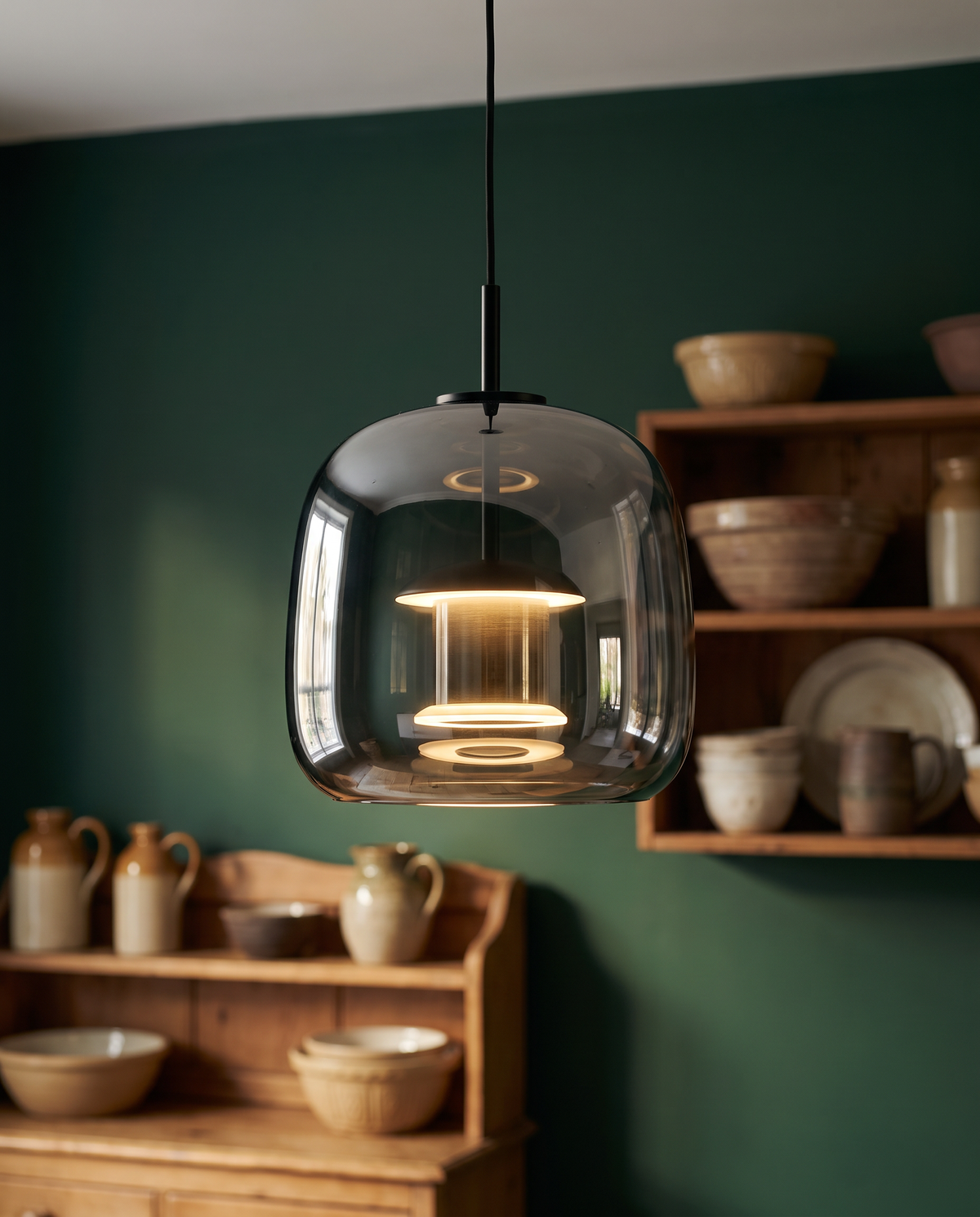 The Capsule Pendant in smoked grey glass, lit, against a bottle-green kitchen wall
