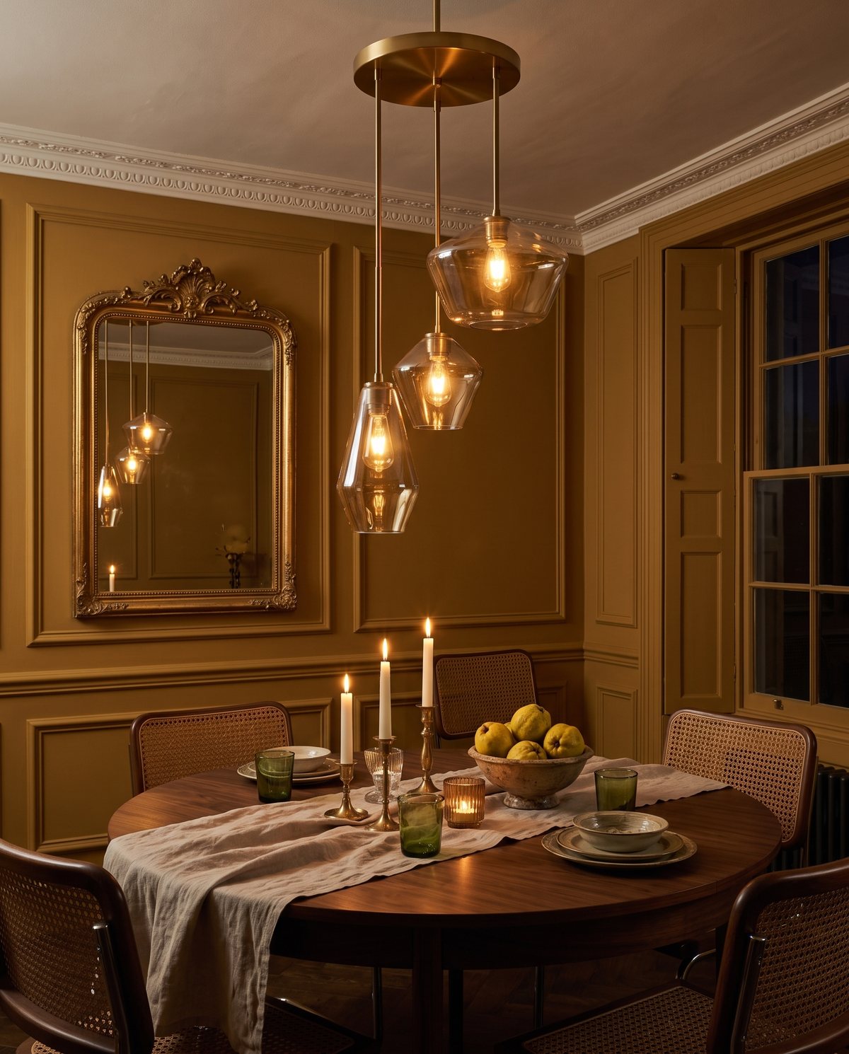 An amber Carafe cluster over a round dining table