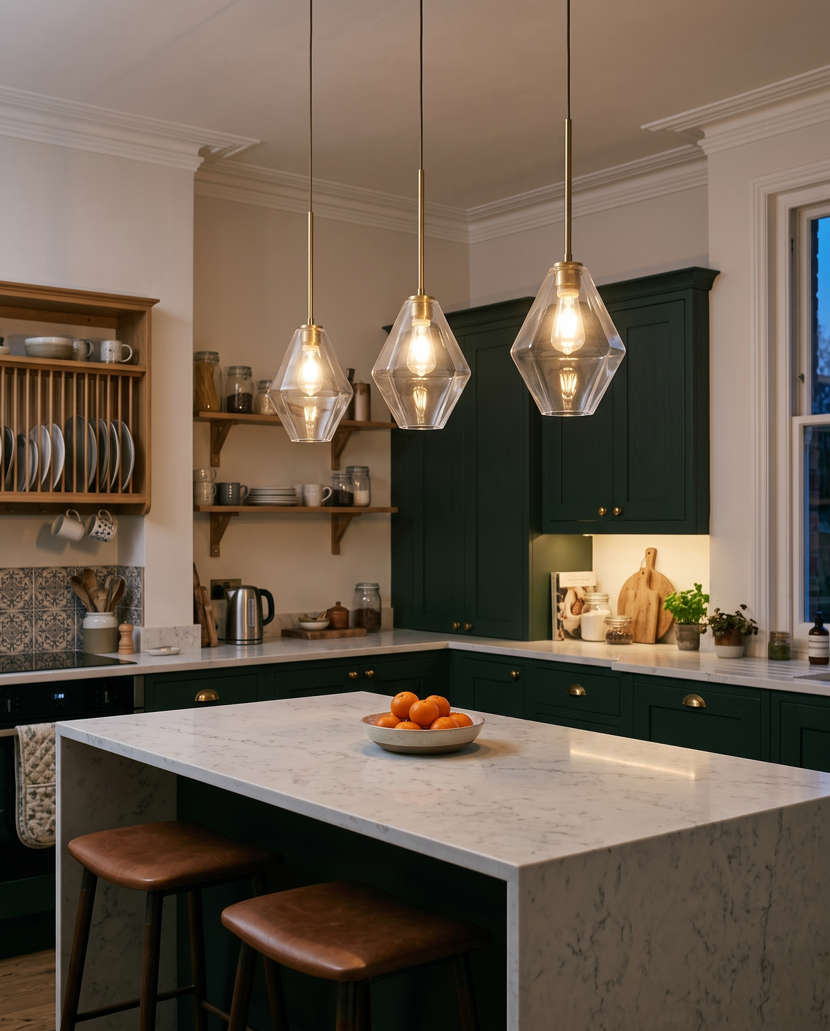 Three clear 23 cm Carafe pendants over a marble island