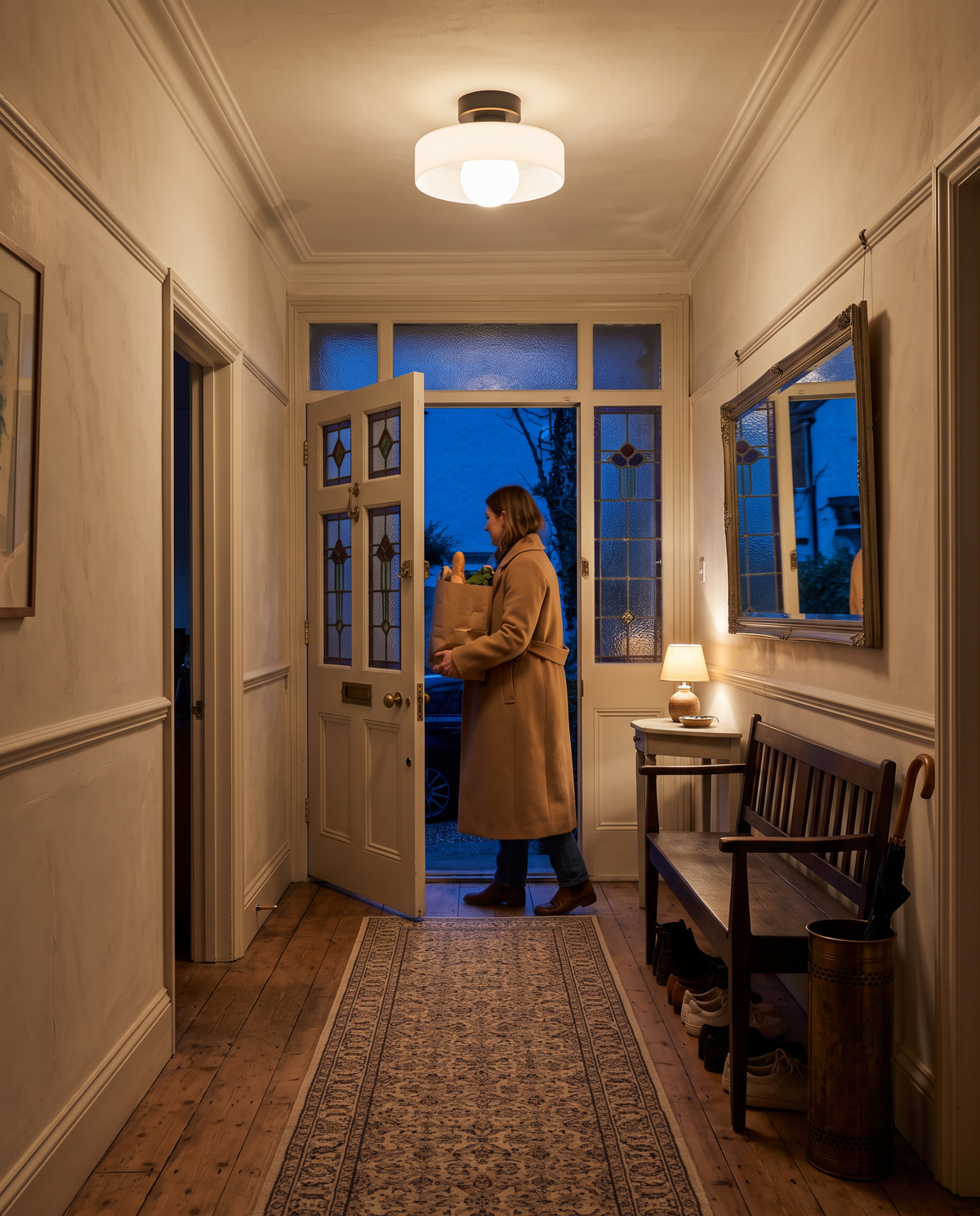 A woman coming home through a hallway lit by a Cloche ceiling light