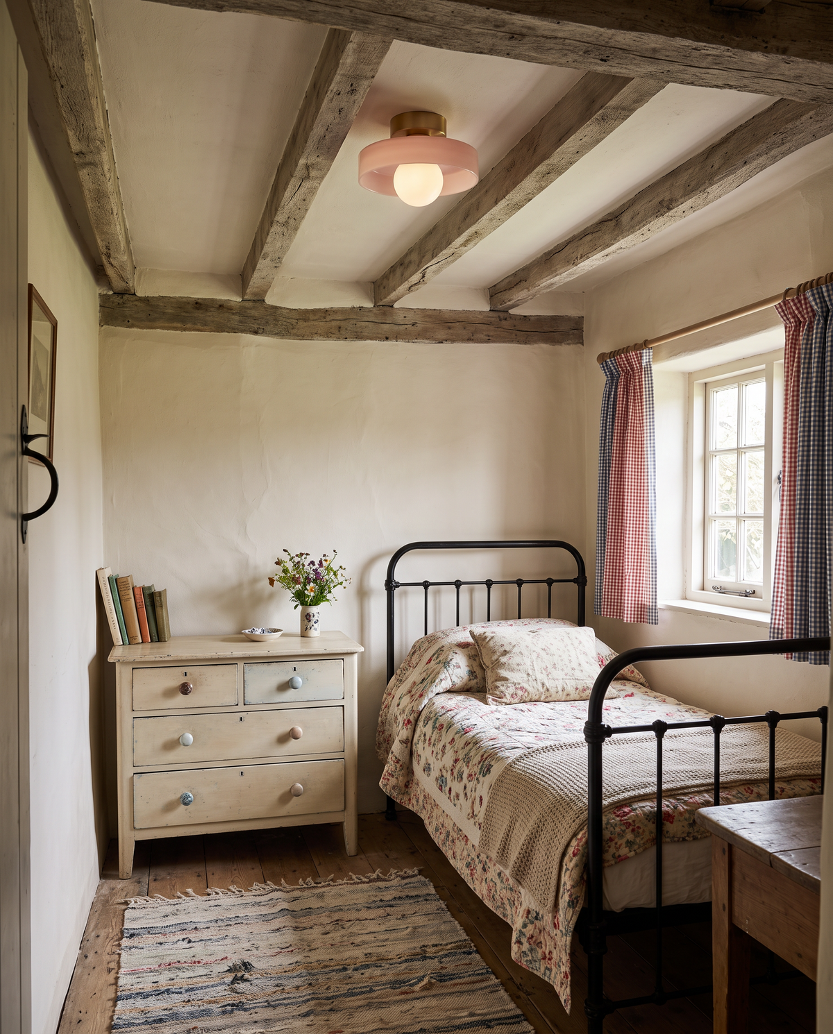 A Cloche in Brass & Blush between the beams of a cottage bedroom