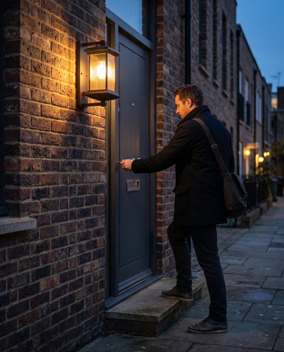 A man unlocking his front door under The Coachman at dusk