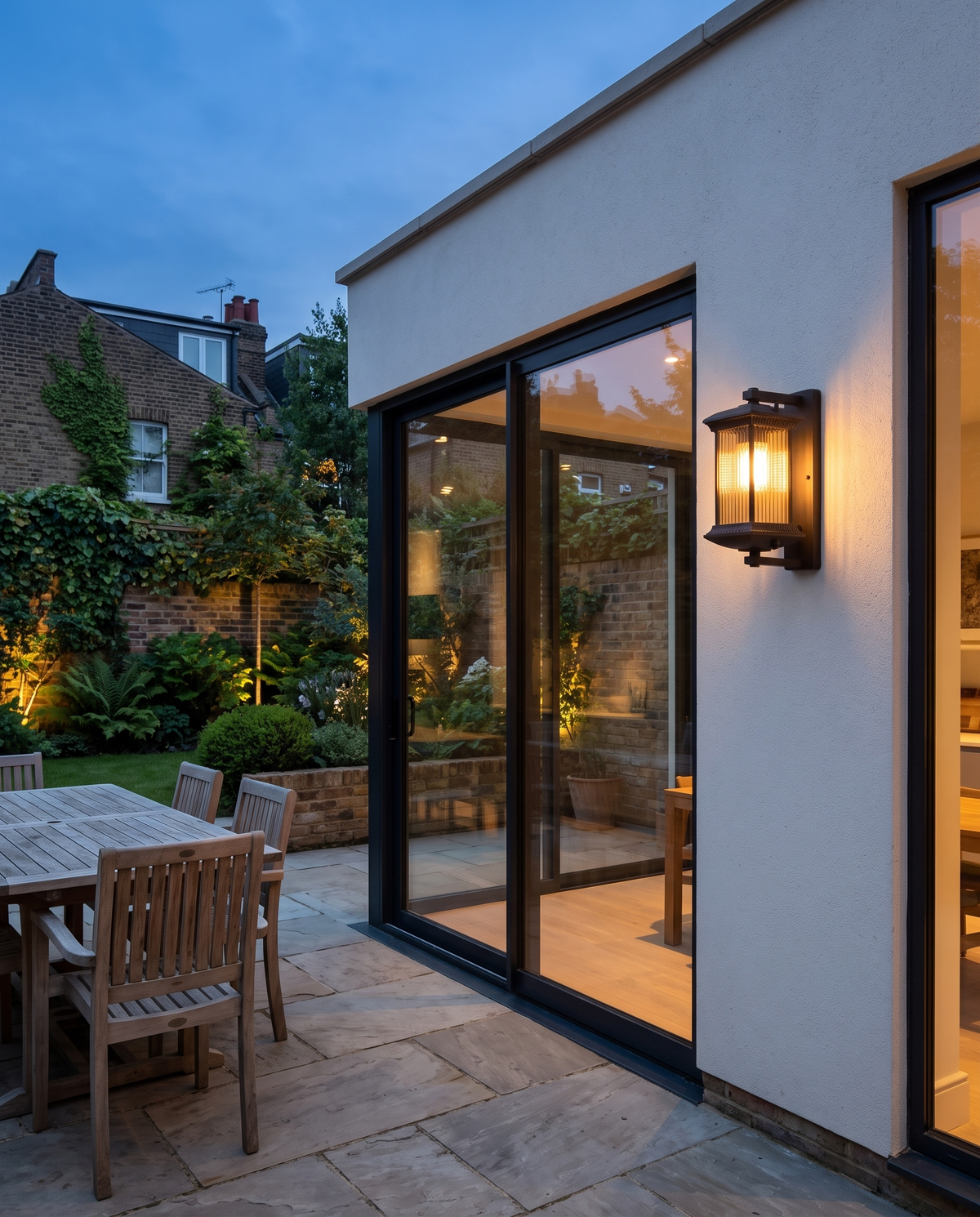 The Coachman beside the glass doors of a rear extension onto the patio