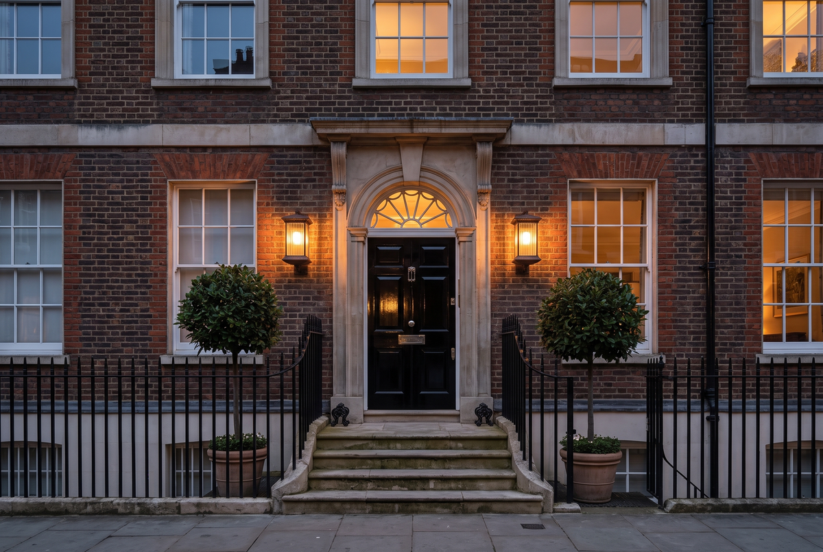 A pair of Coachman lanterns either side of a Georgian front door at dusk