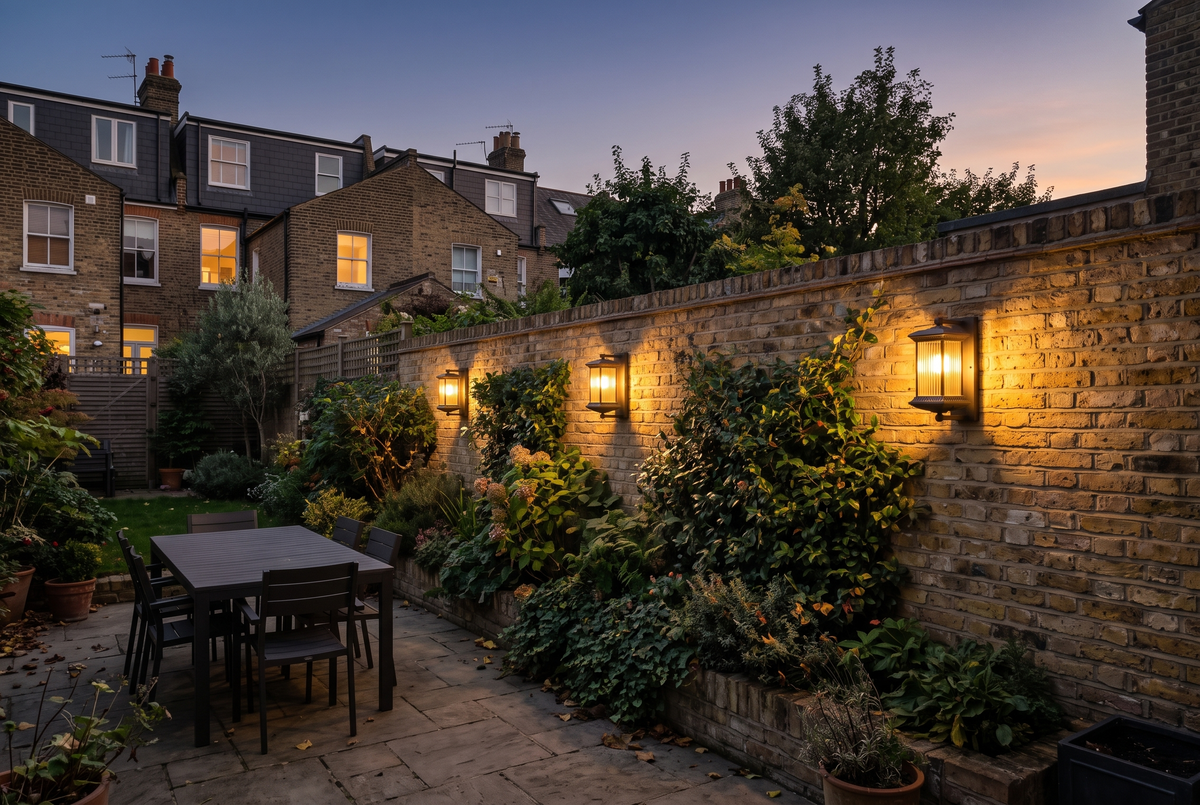 Coachman lanterns along a London garden wall at dusk
