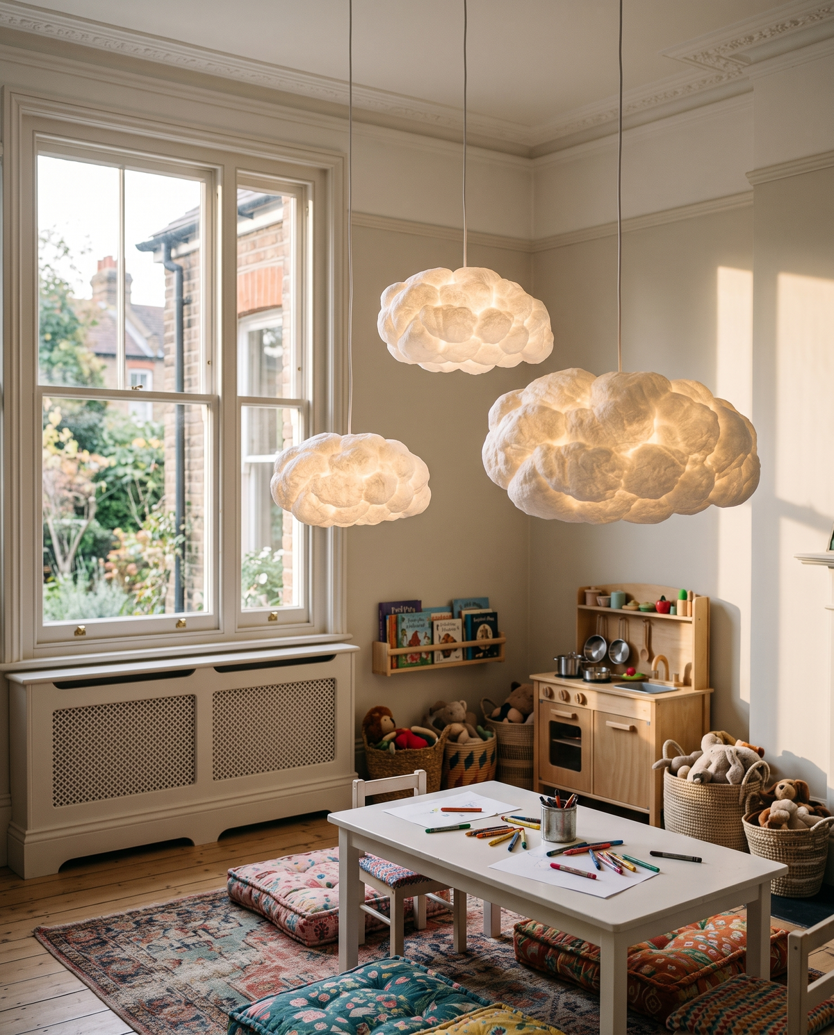 Three Cumulus clouds at different heights in a playroom