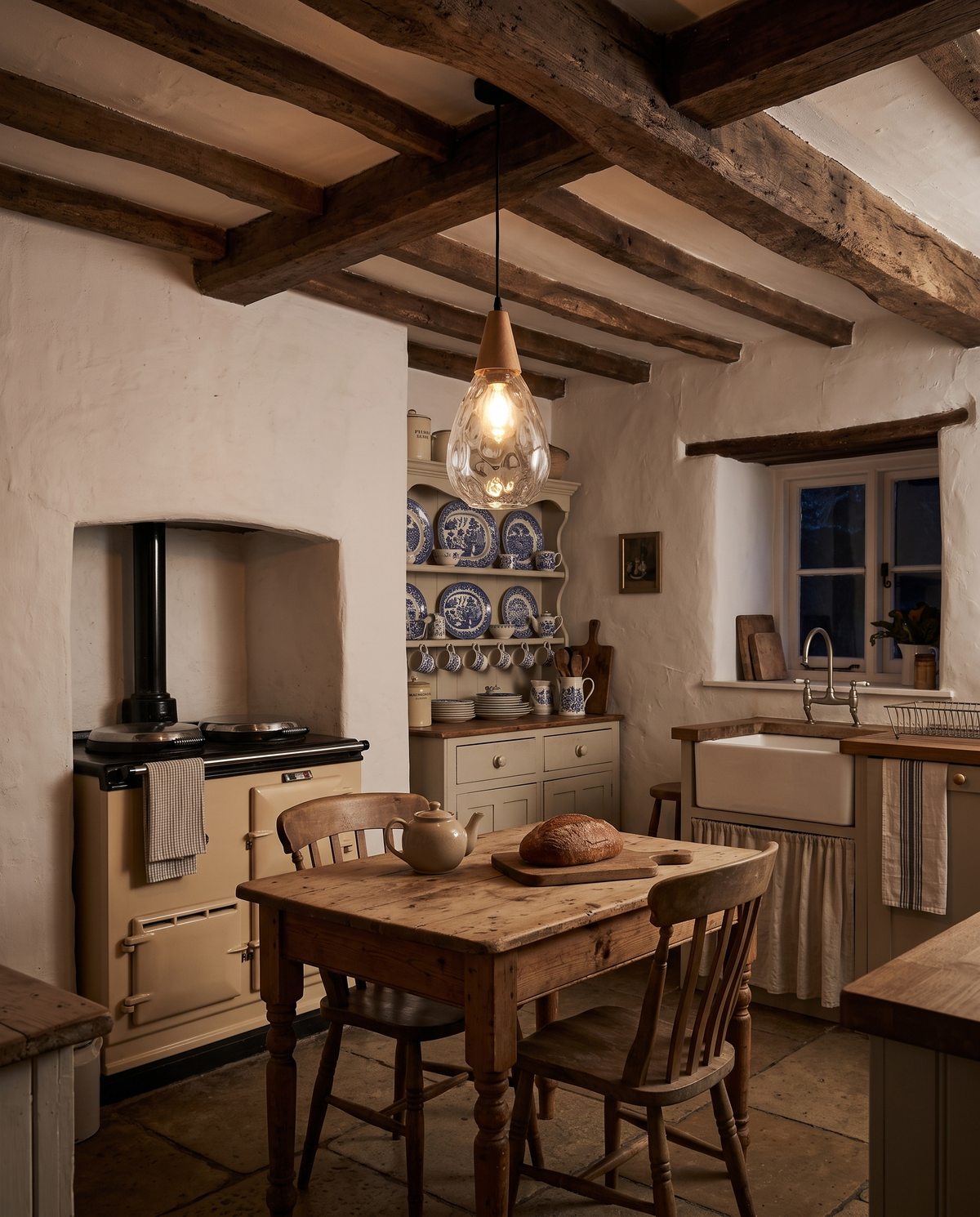 A clear Dew pendant over a pine table in a cottage kitchen