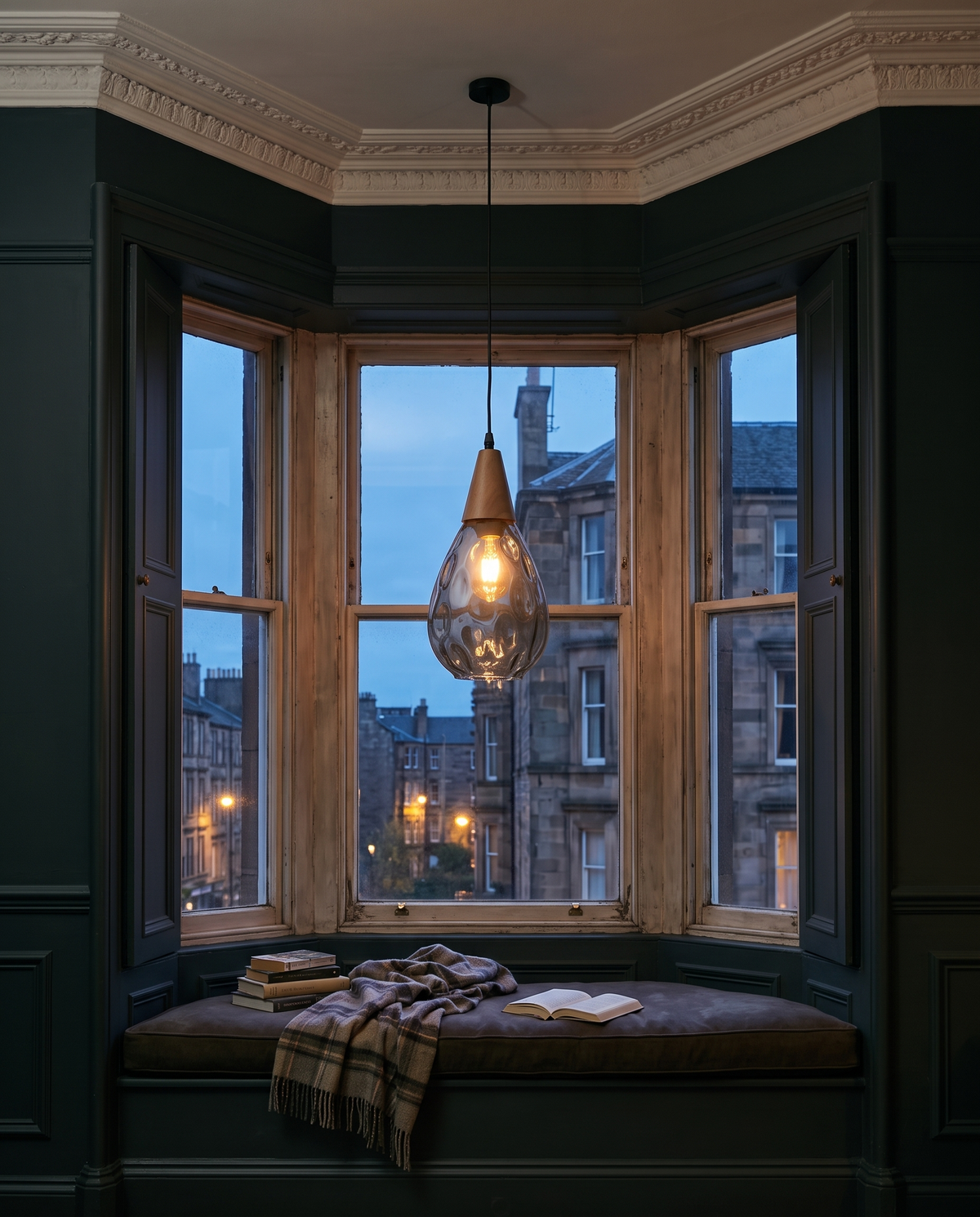 A smoke Dew pendant above a window seat