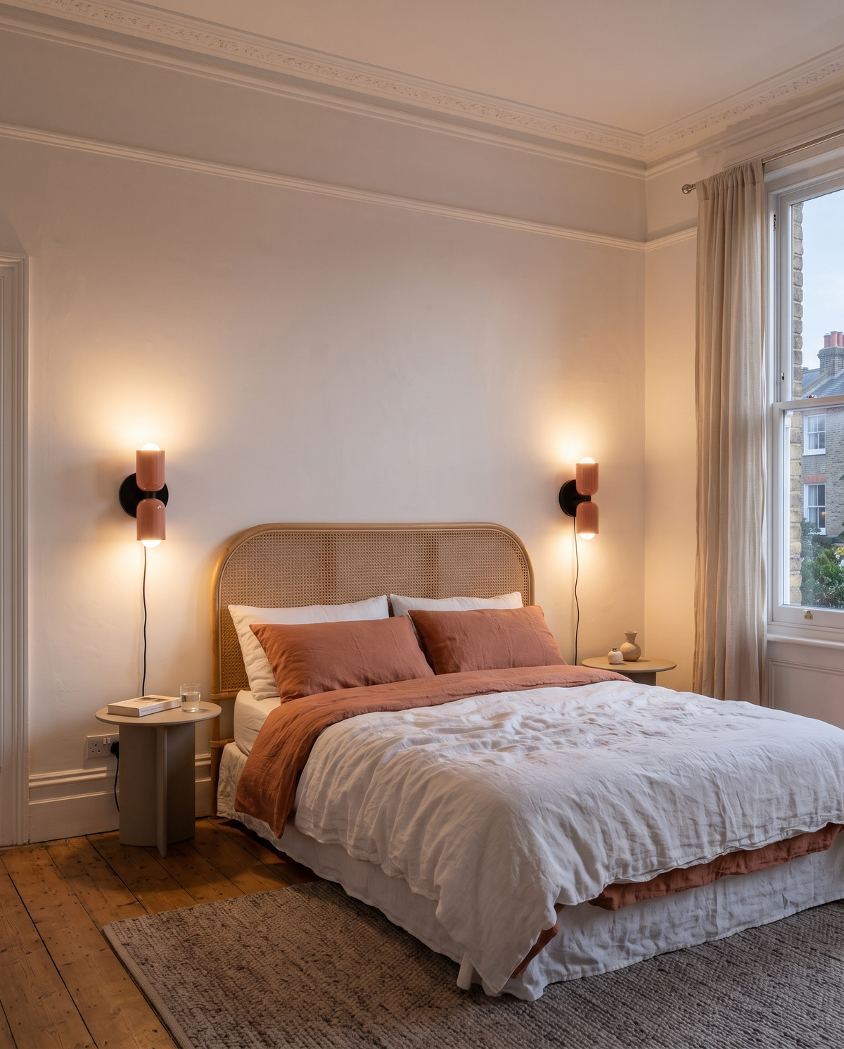 A pair of Duets in Coral either side of a bed, cables down to the sockets