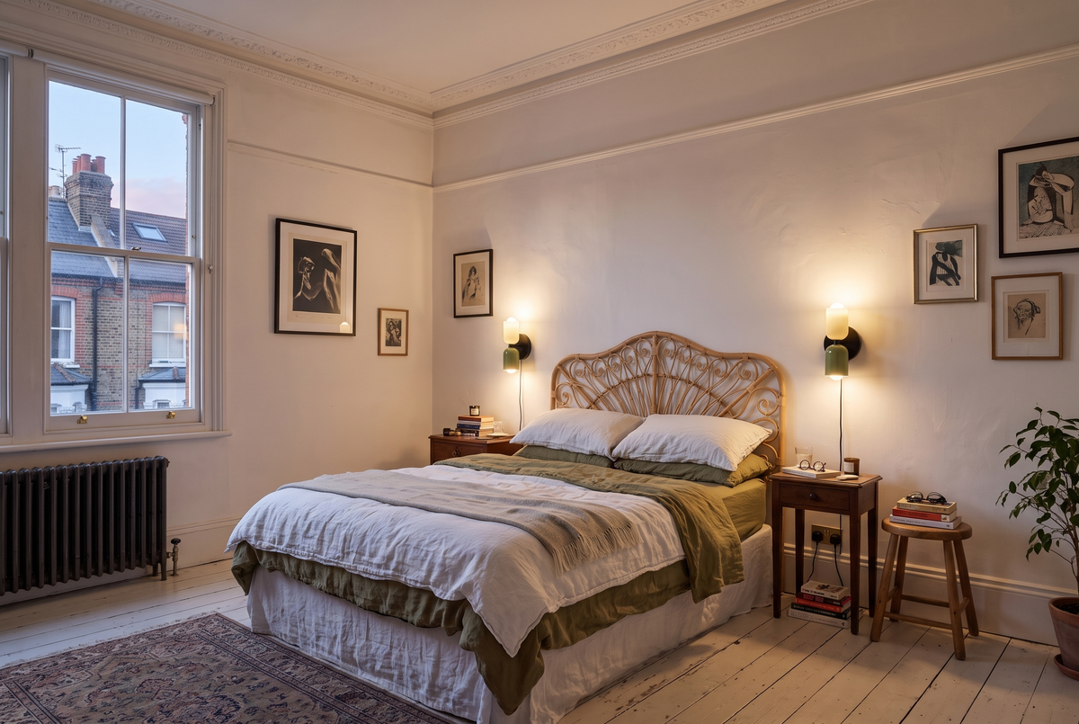 A pair of Duets in Cream & Olive either side of a bed in a rented flat