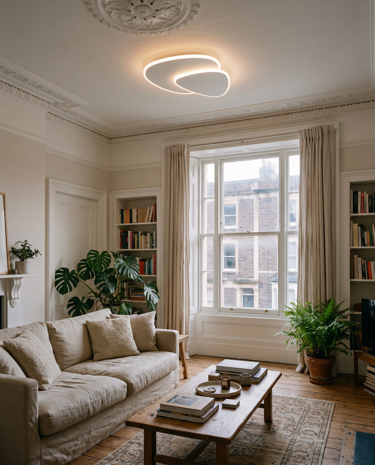 The Facet ceiling light glowing on the ceiling of a Victorian living room