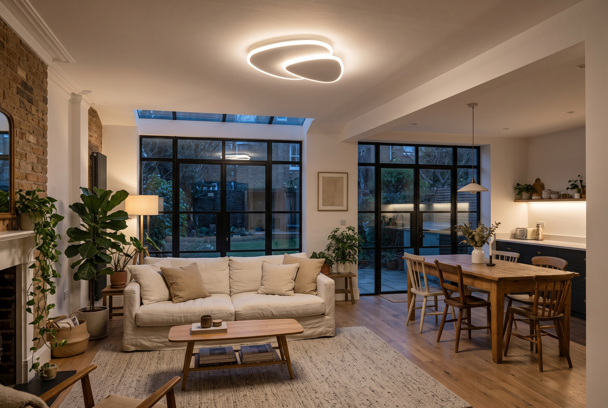 The Facet ceiling light in an open-plan living and dining room