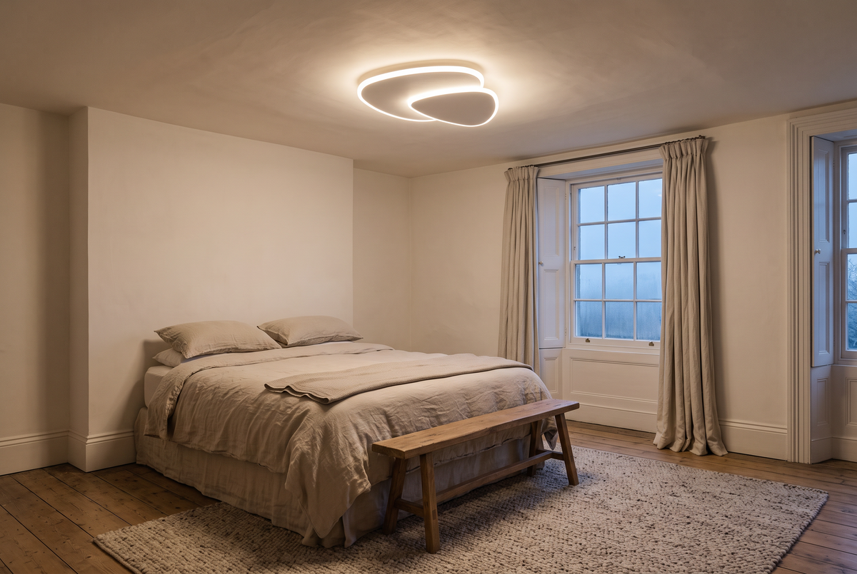 The Facet ceiling light above a bed in a bright bedroom