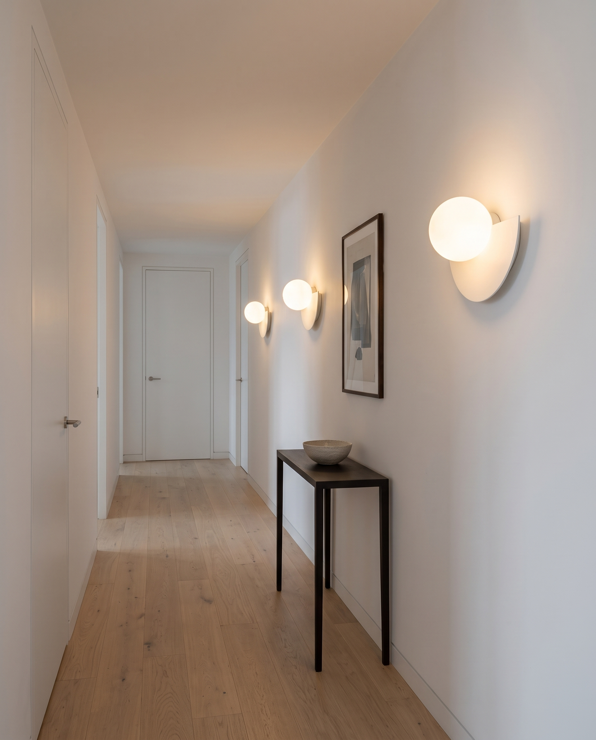 Three Fanlights in Chalk along the hallway of a London flat