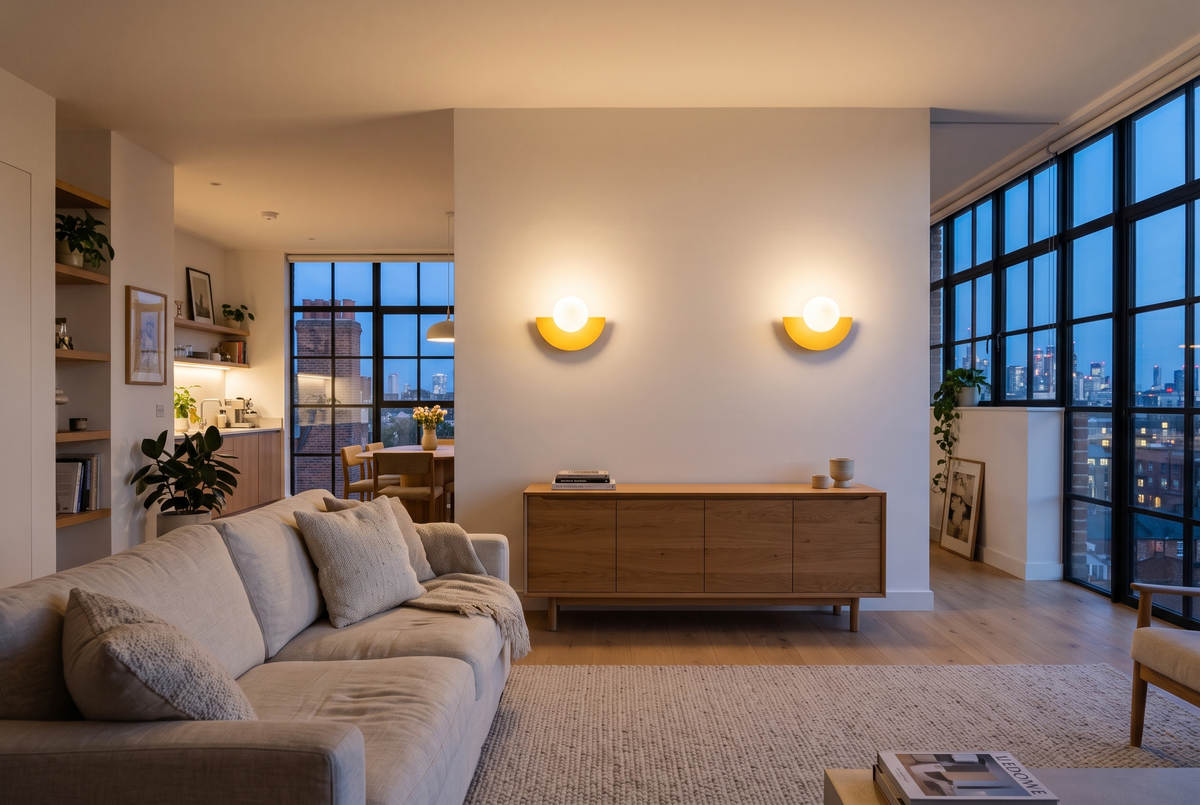Two Fanlights in Mustard above a sideboard in an open-plan flat