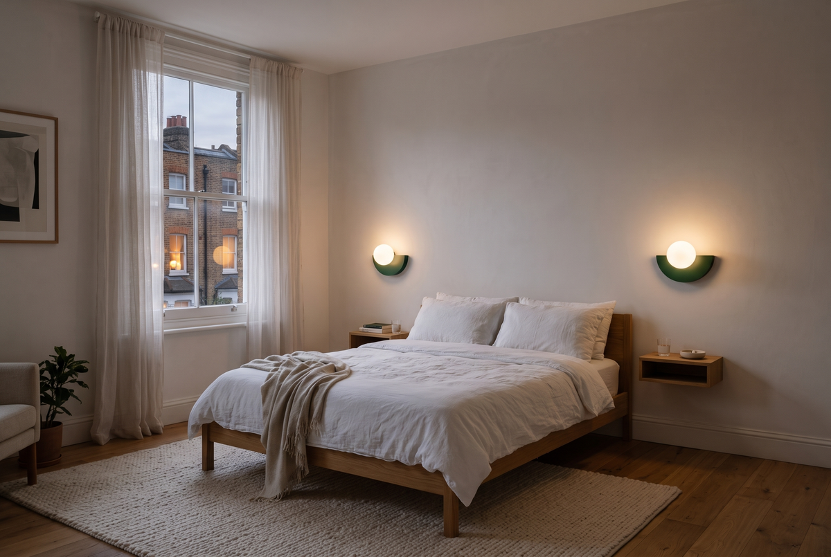 A pair of Fanlights in Racing Green in a new-build bedroom