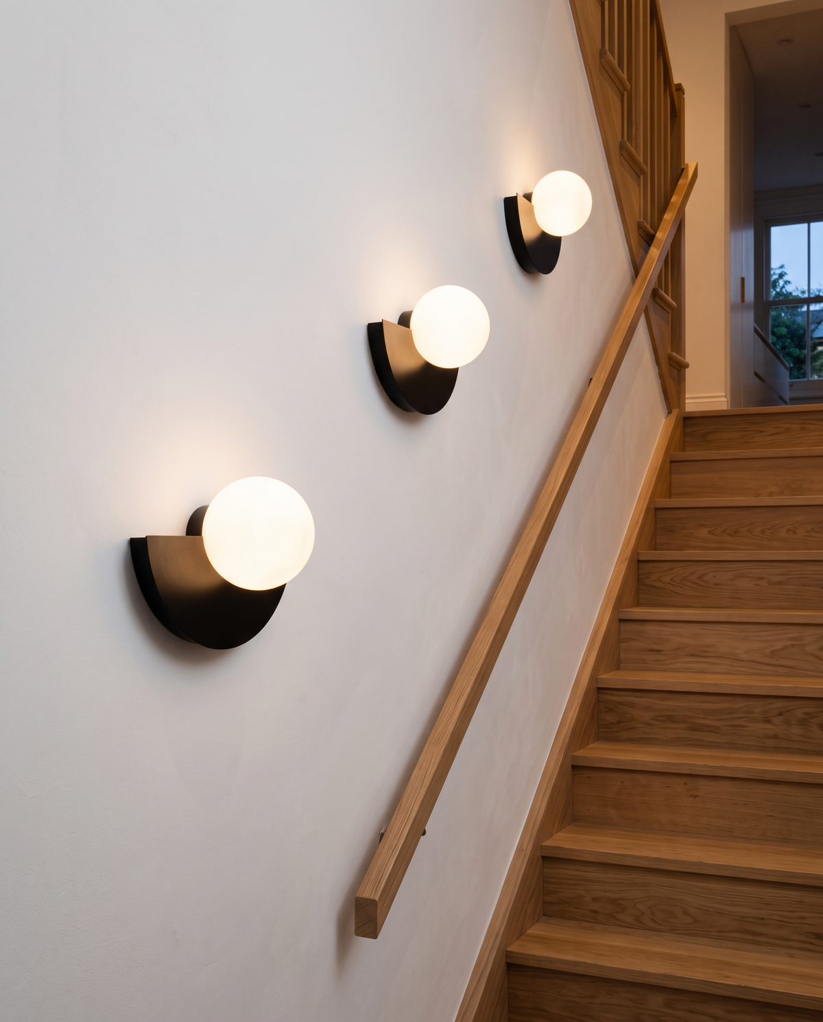 Three Fanlights in Jet stepping up an oak staircase