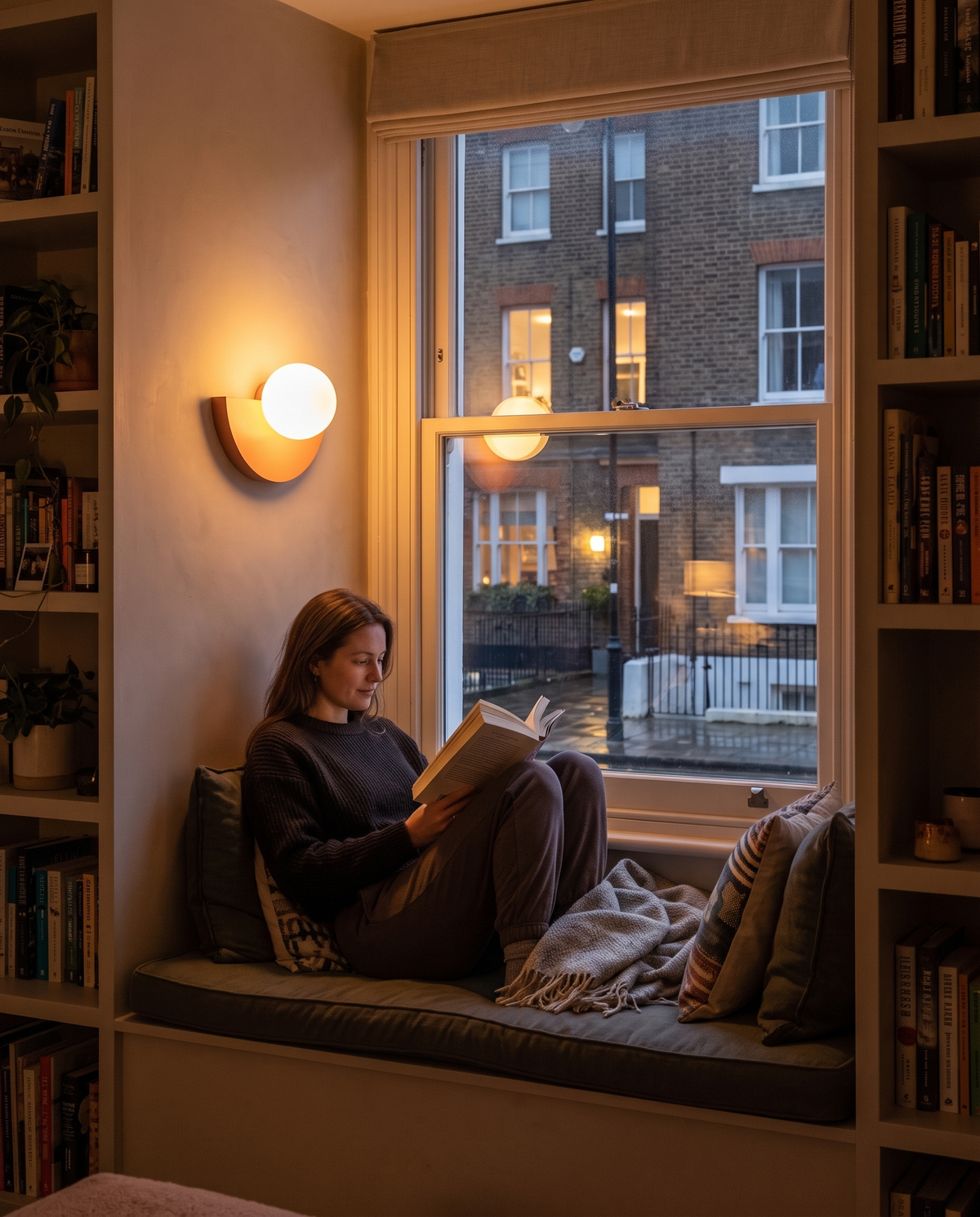 A woman reading on a window seat beside The Fanlight in Apricot