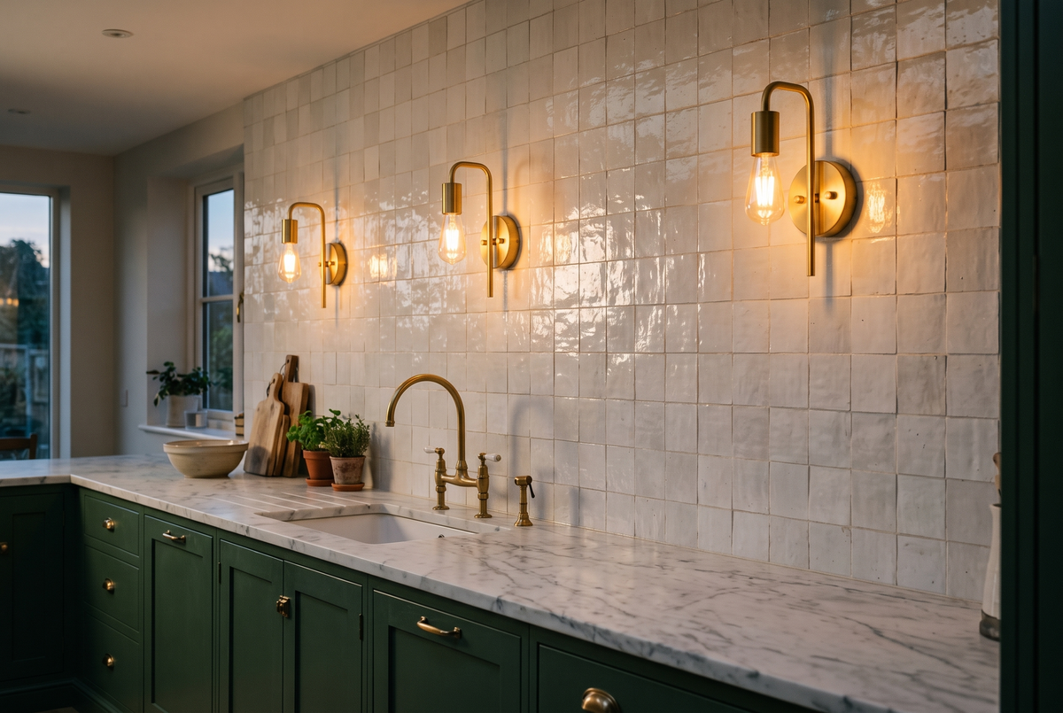 Three Filament wall sconces in brass along a tiled kitchen wall