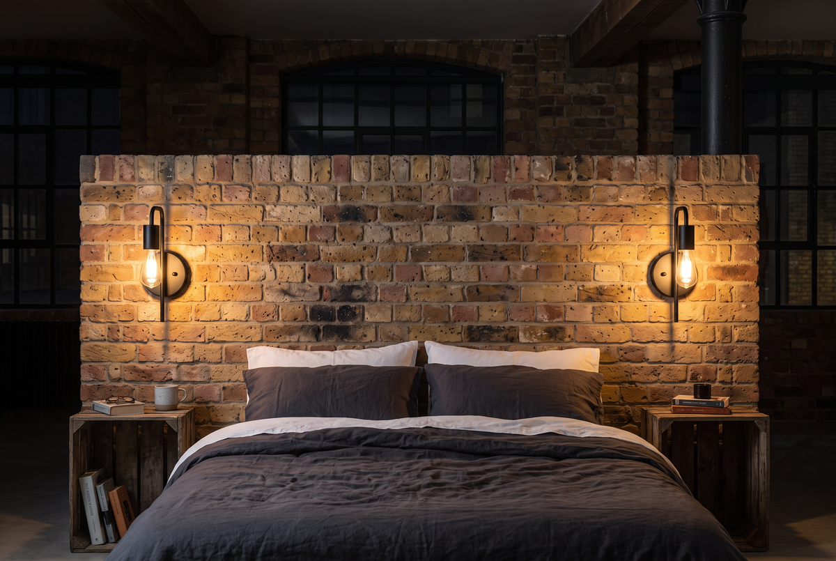 A pair of Filament wall sconces in black on a brick wall either side of a bed