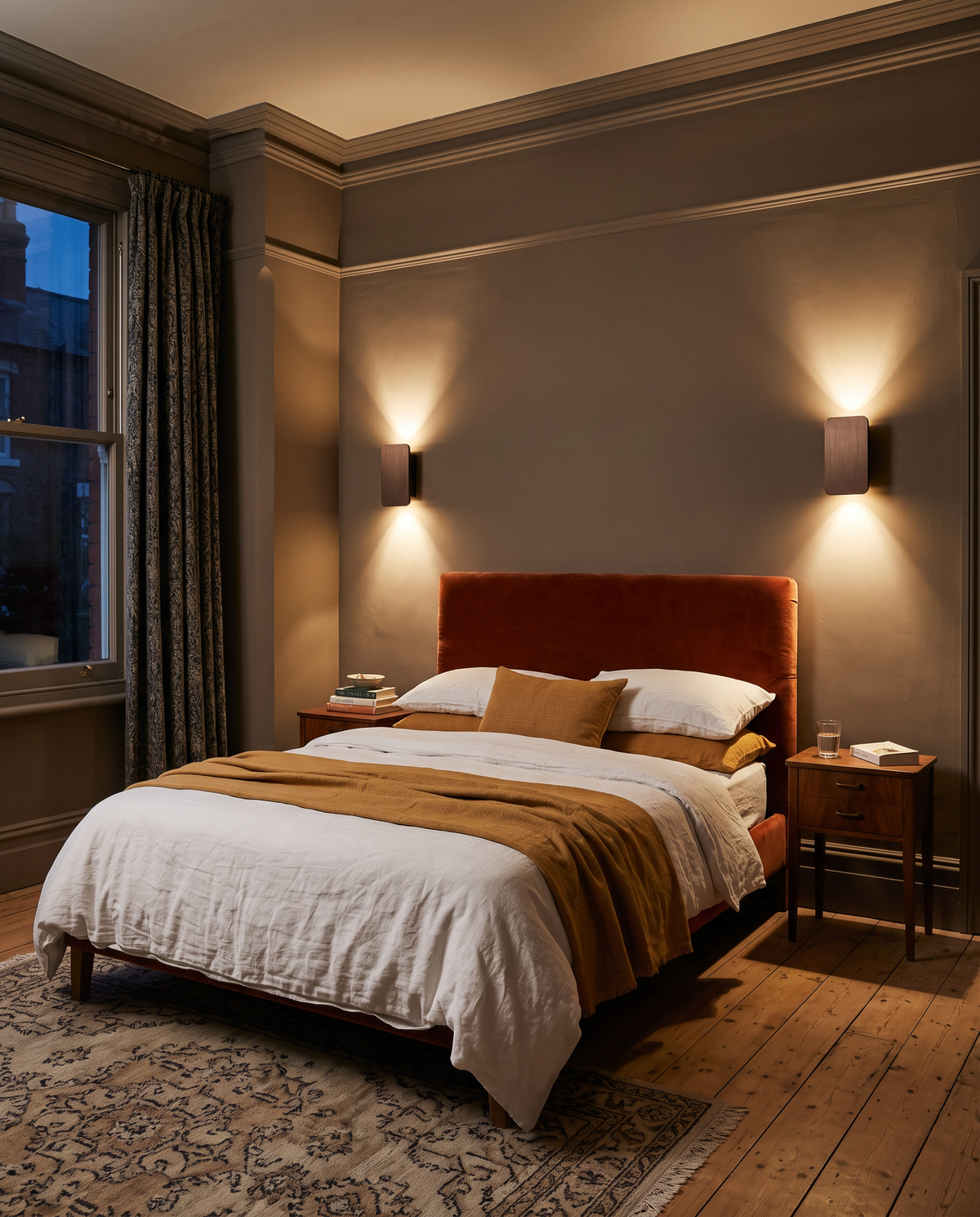 A pair of Folio wall lights in Bronze either side of a bed
