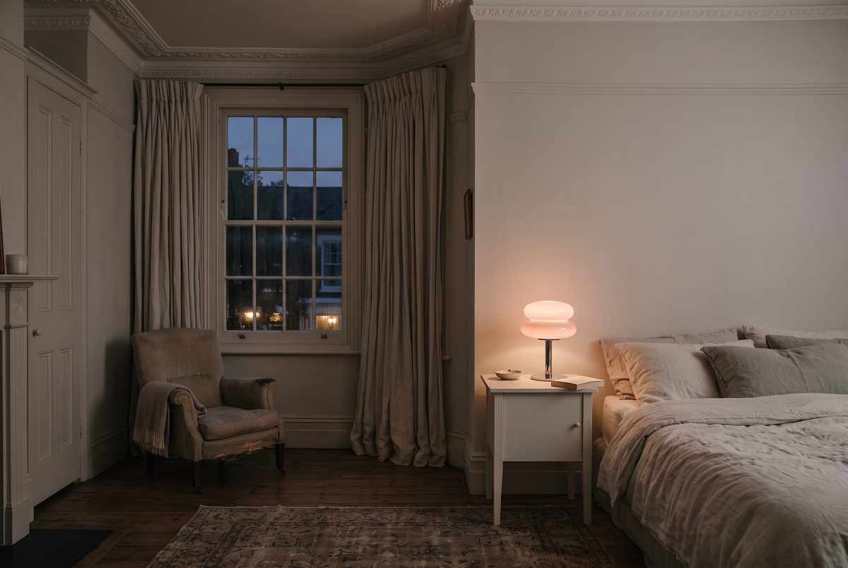 The Fondant in Blush on a bedside table