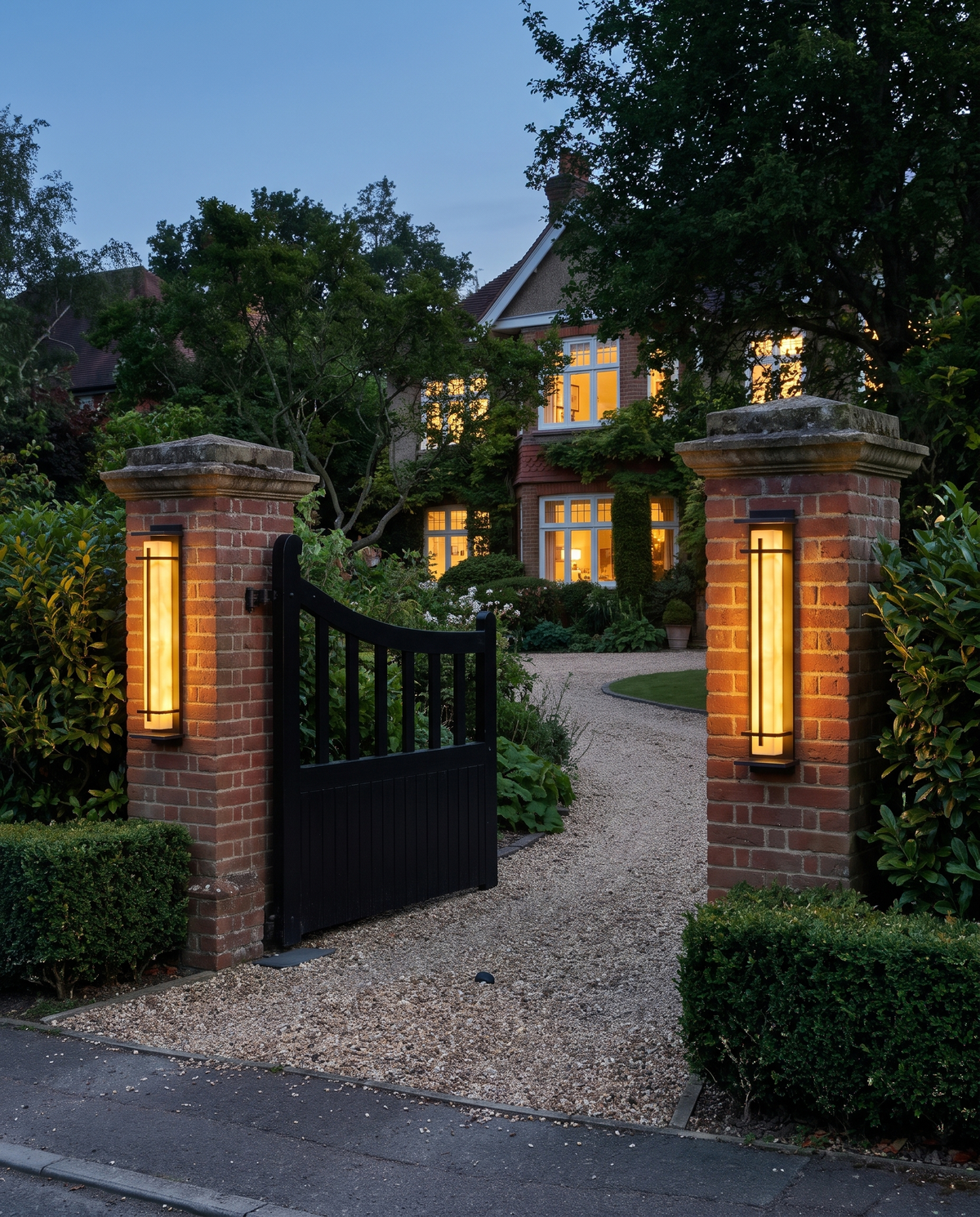 A pair of Gatepost lights on red brick gate pillars at dusk