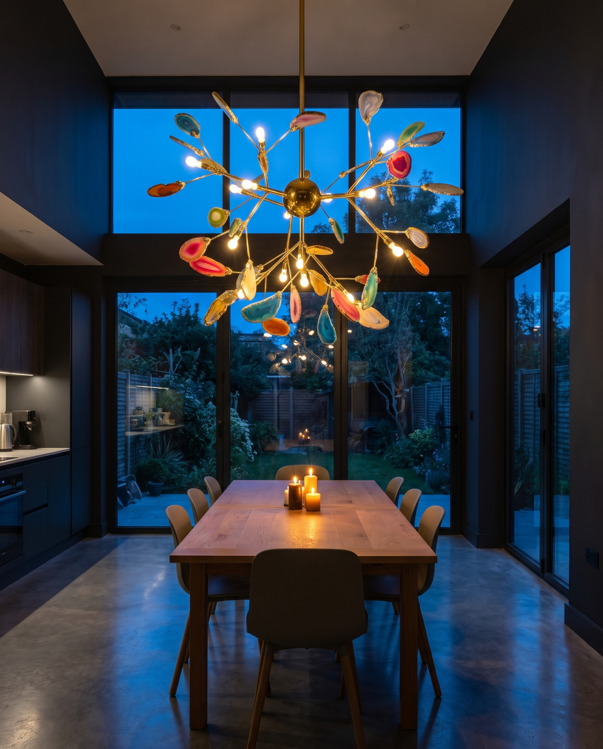 The Geode lit above a long dining table at dusk