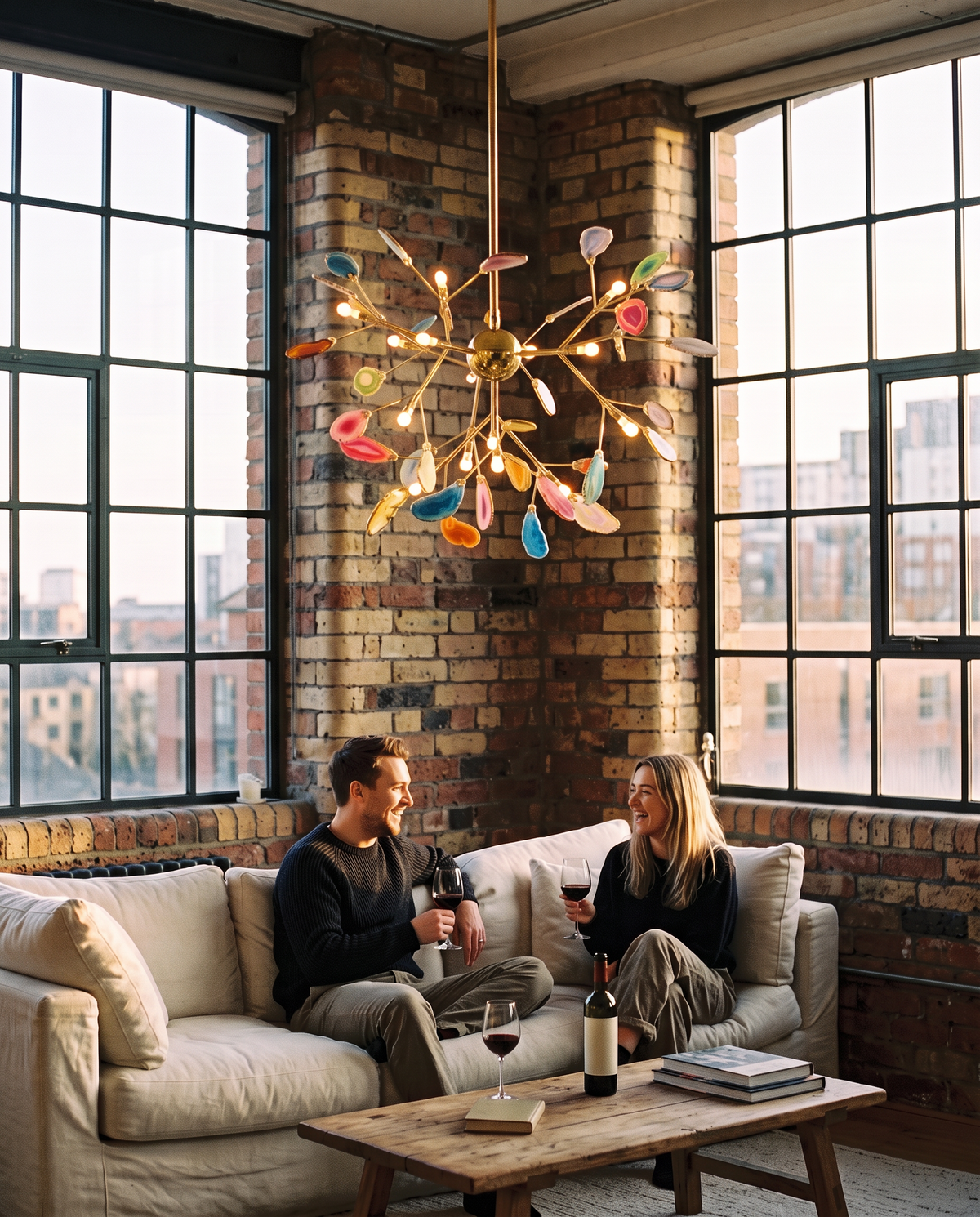 Two friends with a glass of wine under The Geode in a Manchester loft