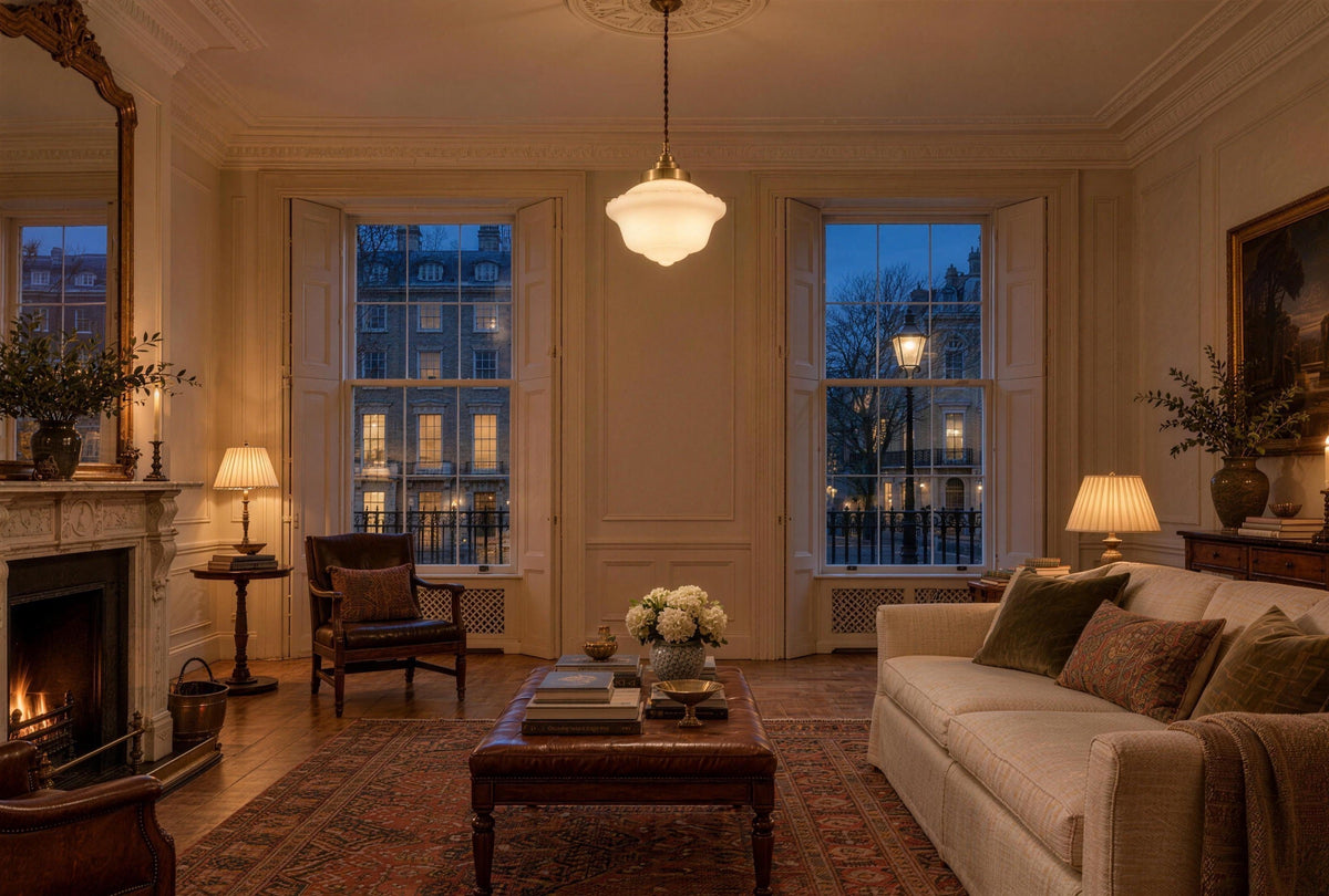 The Scholar Pendant lit in a Georgian first-floor drawing room at dusk